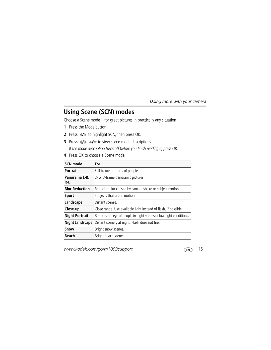 Kodak KLIC-7004 manual Using Scene SCN modes, Press OK to choose a Scene mode 