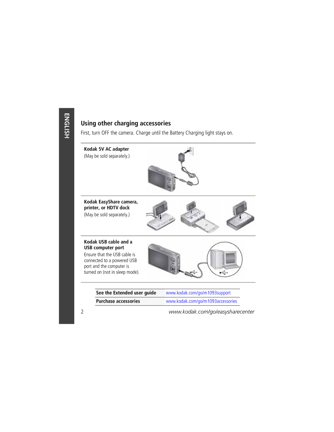 Kodak KLIC-7004 manual Using other charging accessories, Kodak USB cable and a USB computer port 