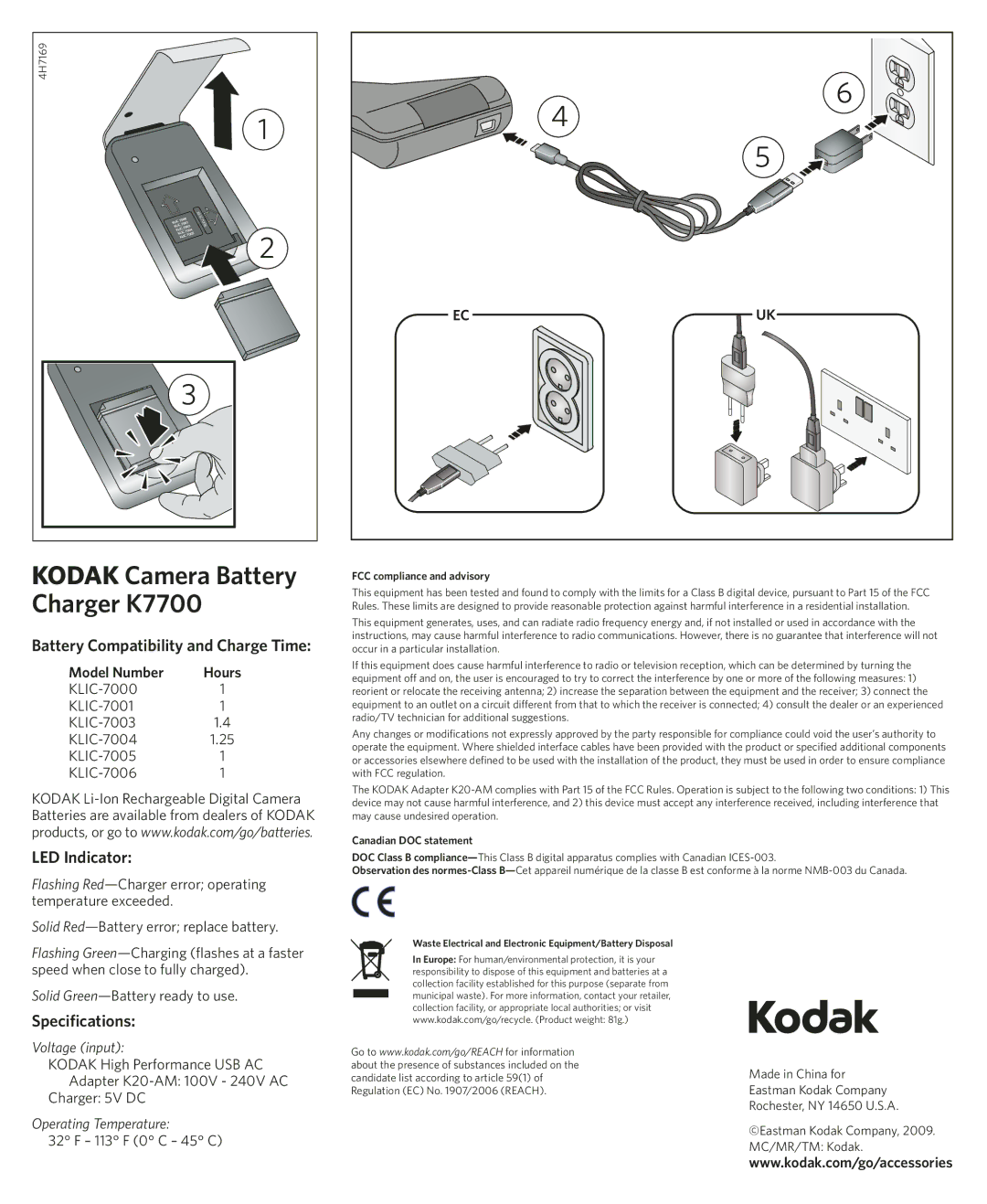 Kodak specifications Kodak Camera Battery Charger K7700, Battery Compatibility and Charge Time, LED Indicator 