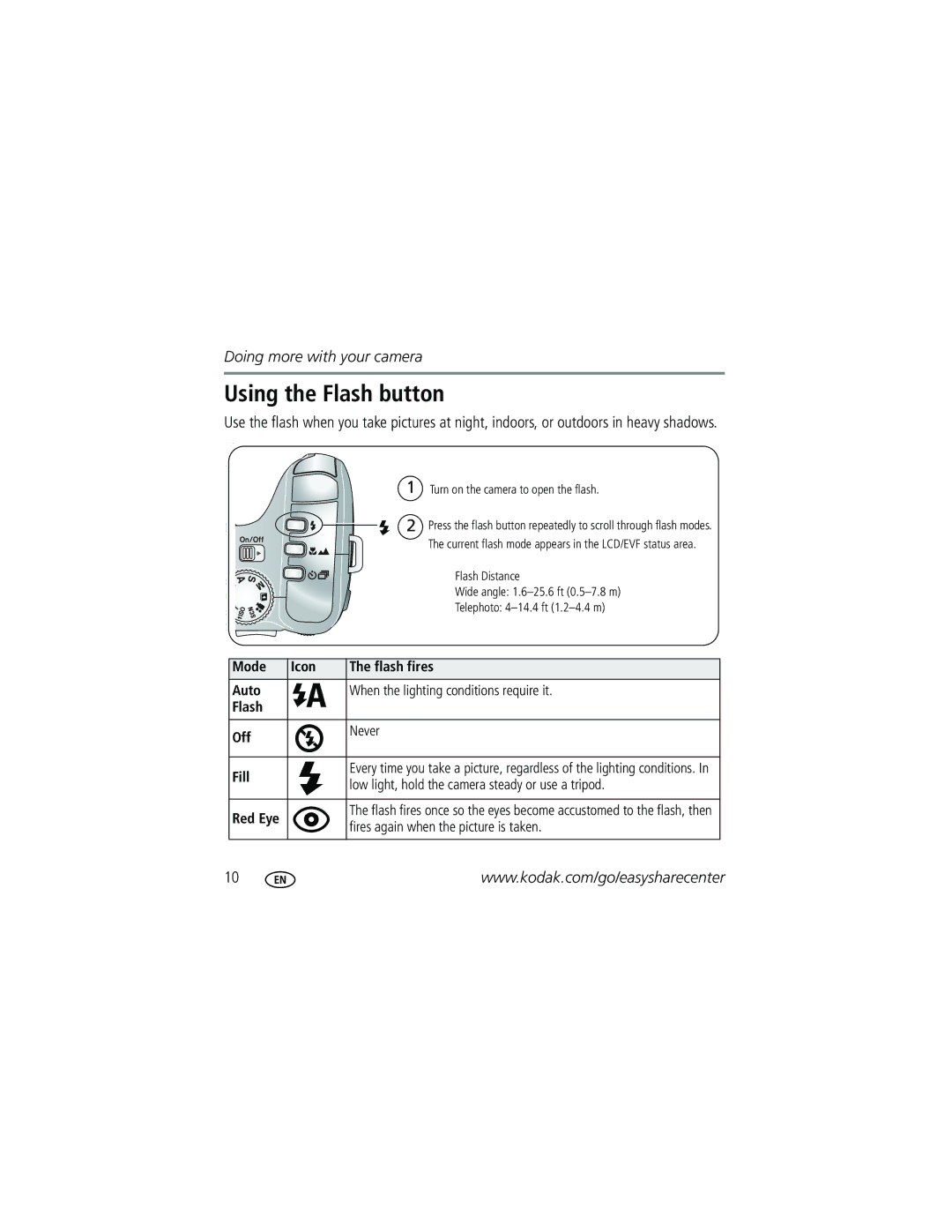 Kodak KLIC-8000 manual Using the Flash button, Mode Icon Flash fires Auto, Flash Off, Fill, Red Eye 