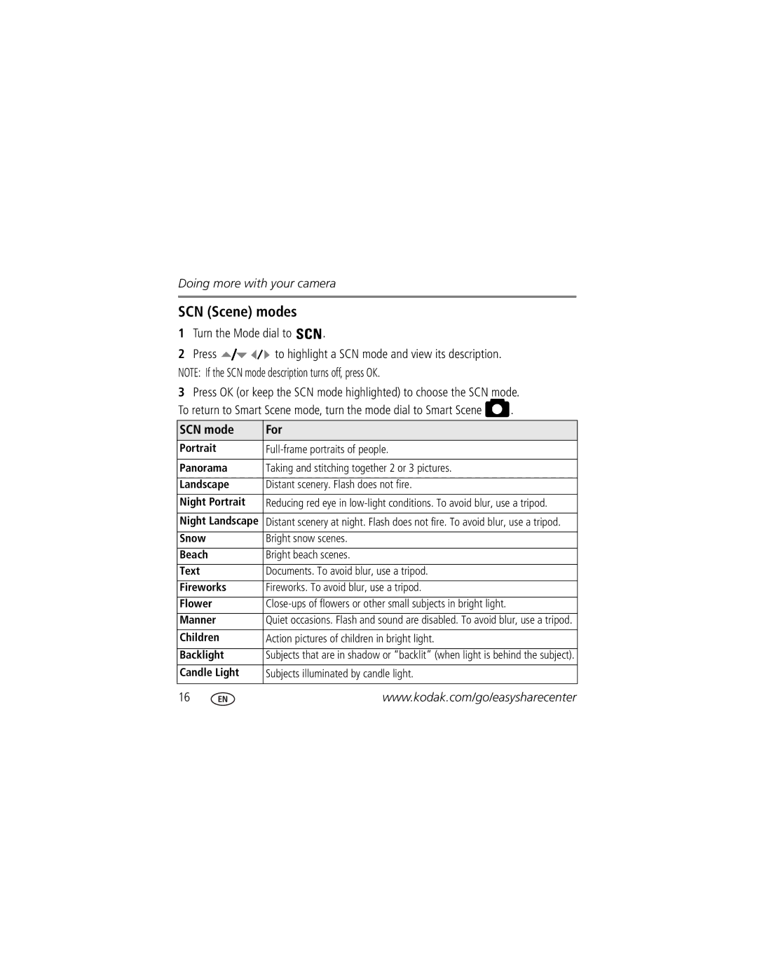 Kodak KLIC-8000 manual SCN Scene modes, SCN mode For, Candle Light Subjects illuminated by candle light 