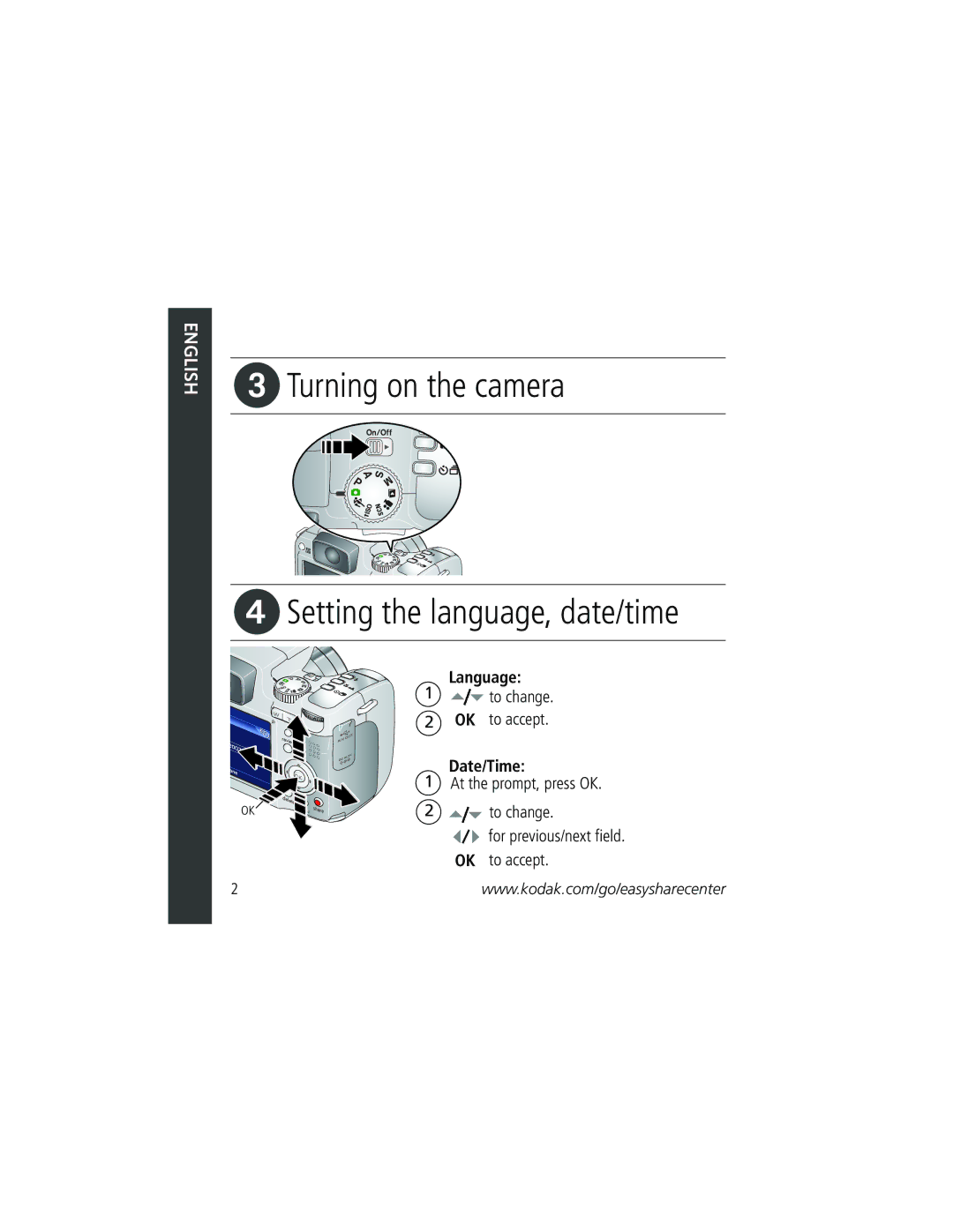 Kodak KLIC-8000 manual Turning on the camera Setting the language, date/time, Language, Date/Time 