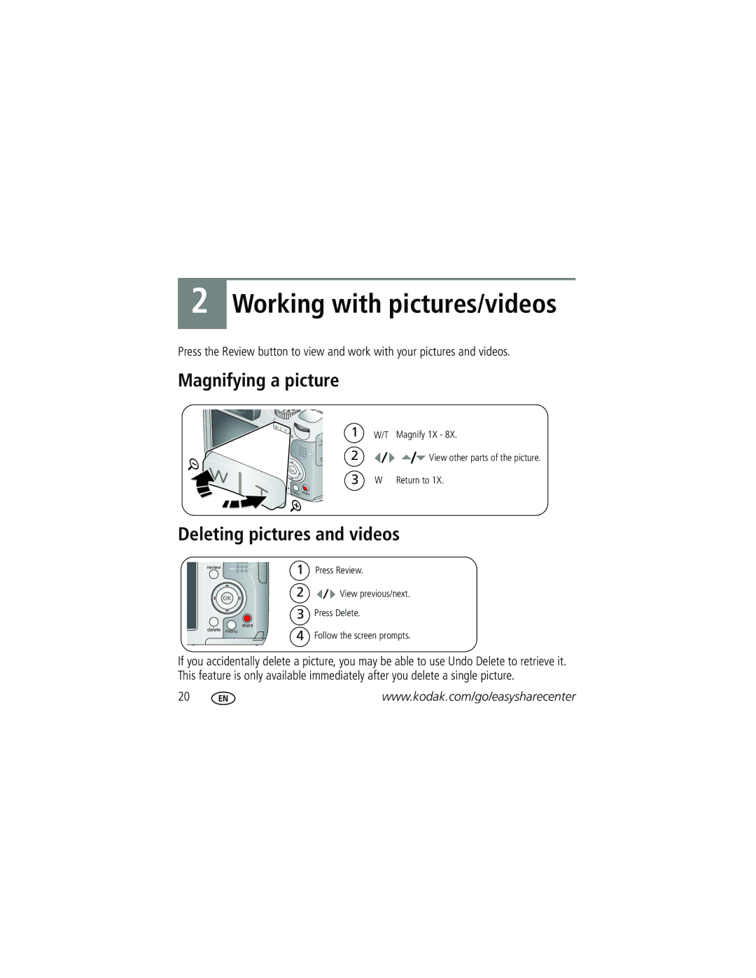 Kodak KLIC-8000 manual Magnifying a picture, Deleting pictures and videos 