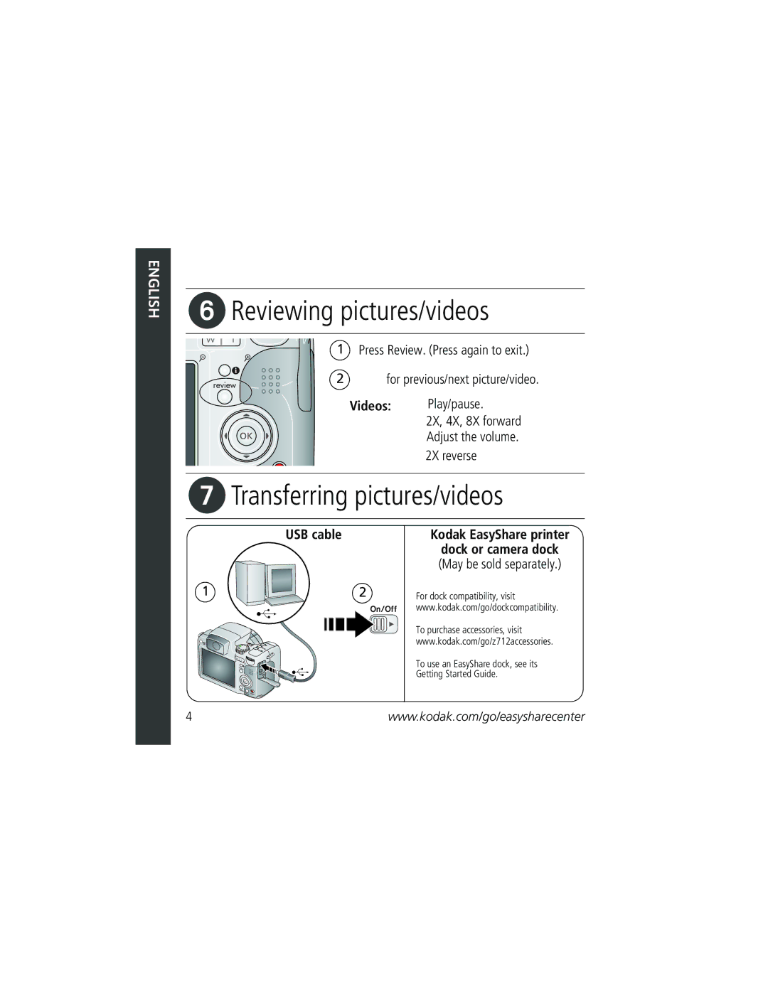 Kodak KLIC-8000 manual Reviewing pictures/videos, Transferring pictures/videos, USB cable, Kodak EasyShare printer 
