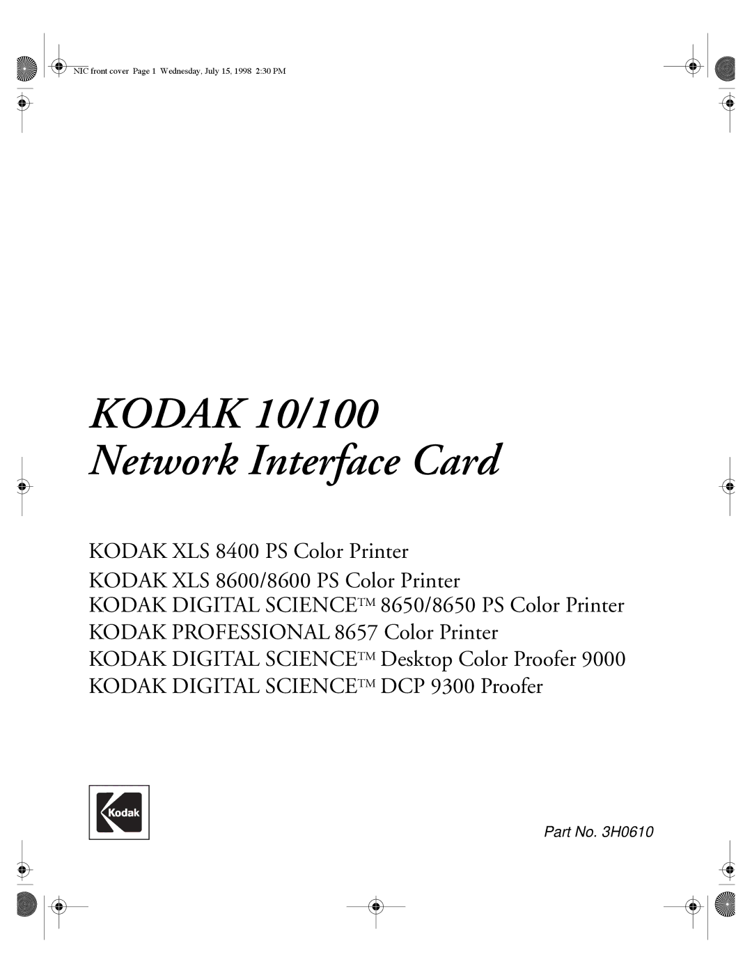 Kodak Kodak 10/100 Network Interface Card, 3H0610 manual 