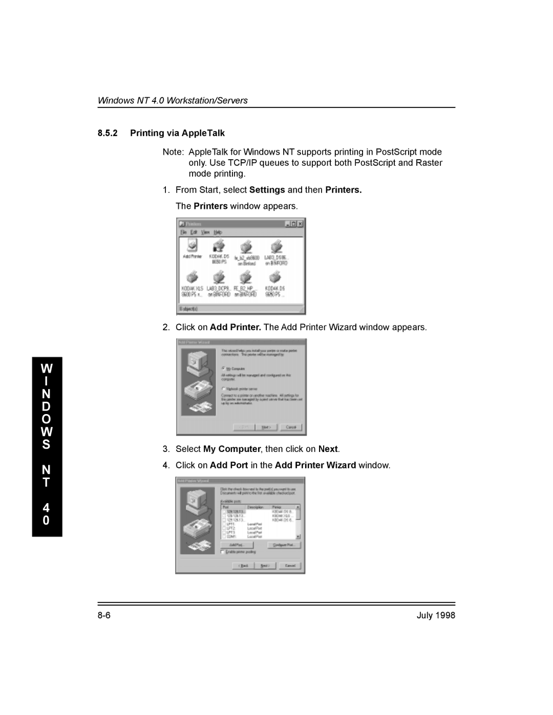 Kodak Kodak 10/100 Network Interface Card manual Printing via AppleTalk, Click on Add Port in the Add Printer Wizard window 