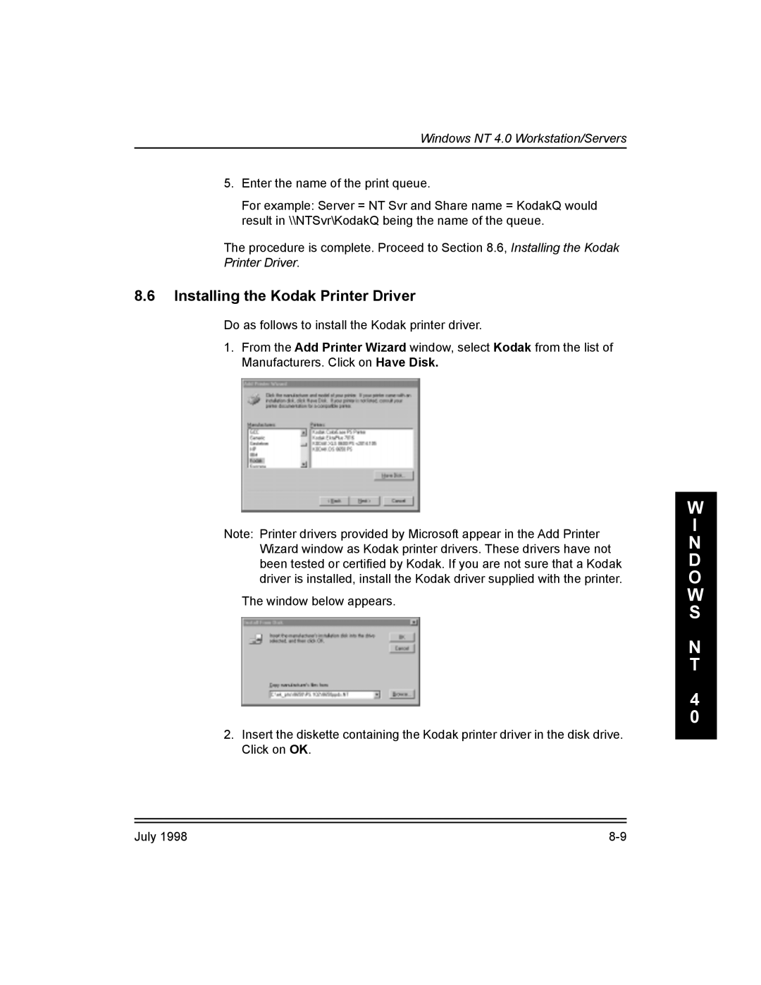 Kodak 3H0610, Kodak 10/100 Network Interface Card manual Installing the Kodak Printer Driver 