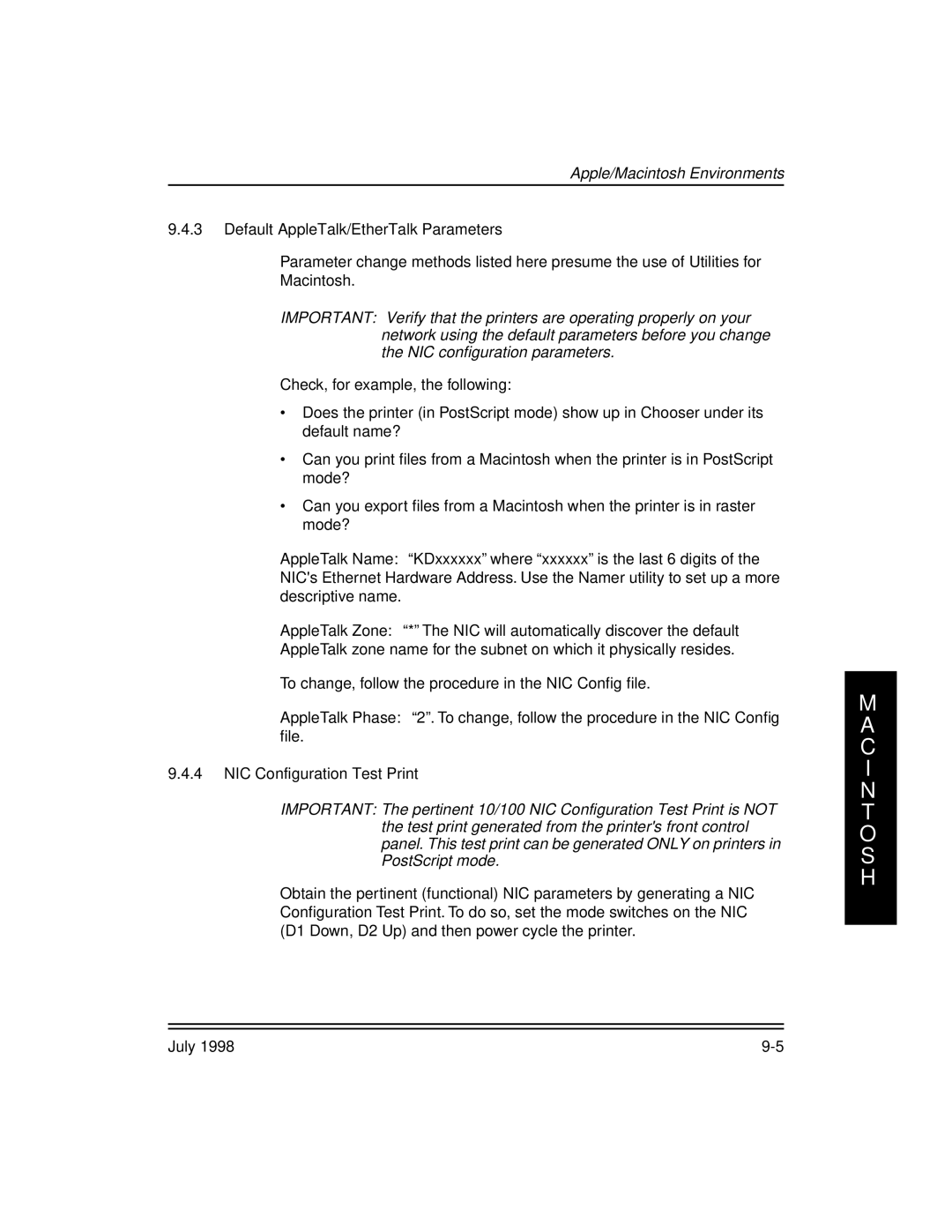 Kodak 3H0610, Kodak 10/100 Network Interface Card manual Default AppleTalk/EtherTalk Parameters 