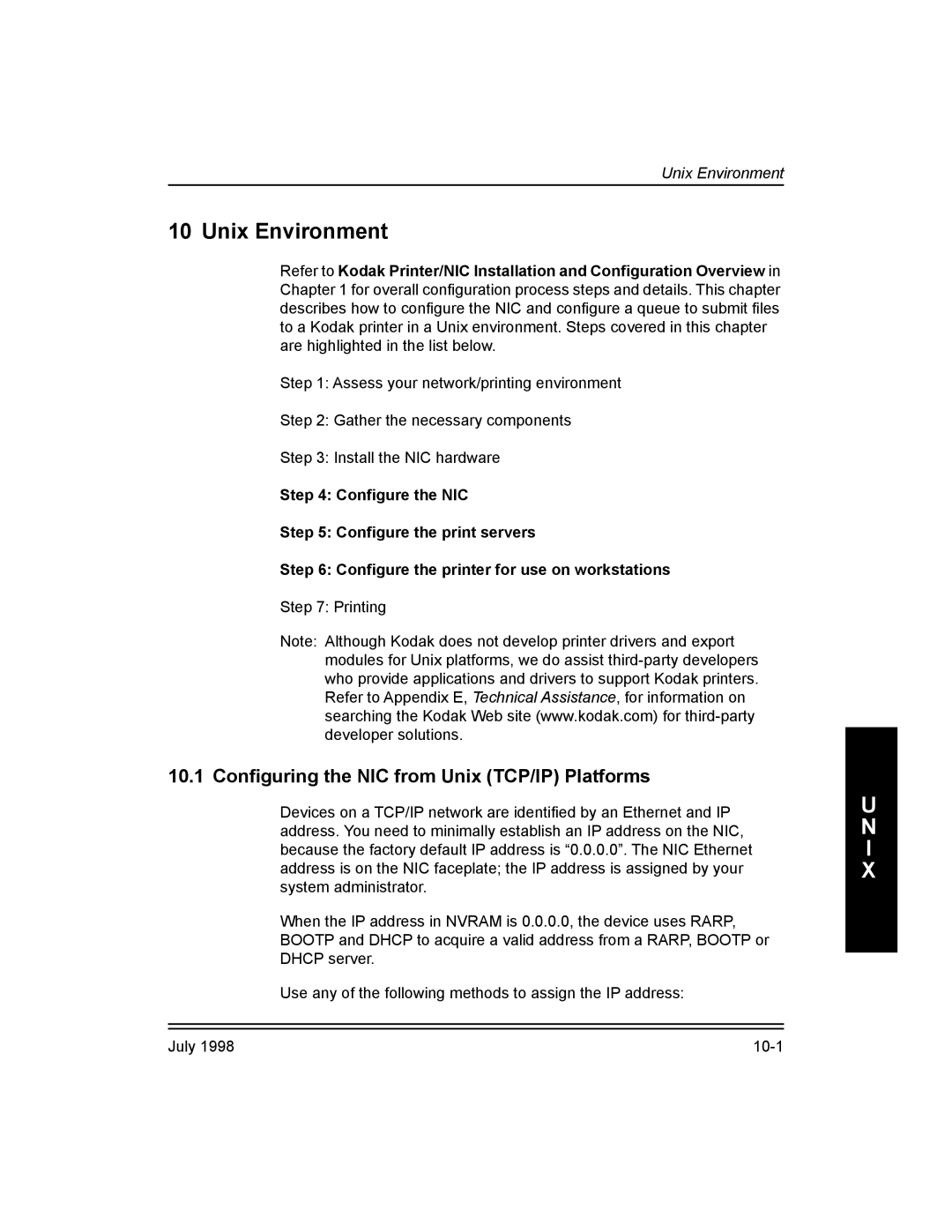 Kodak Kodak 10/100 Network Interface Card, 3H0610 Unix Environment, 10.1 ConÞguring the NIC from Unix TCP/IP Platforms 