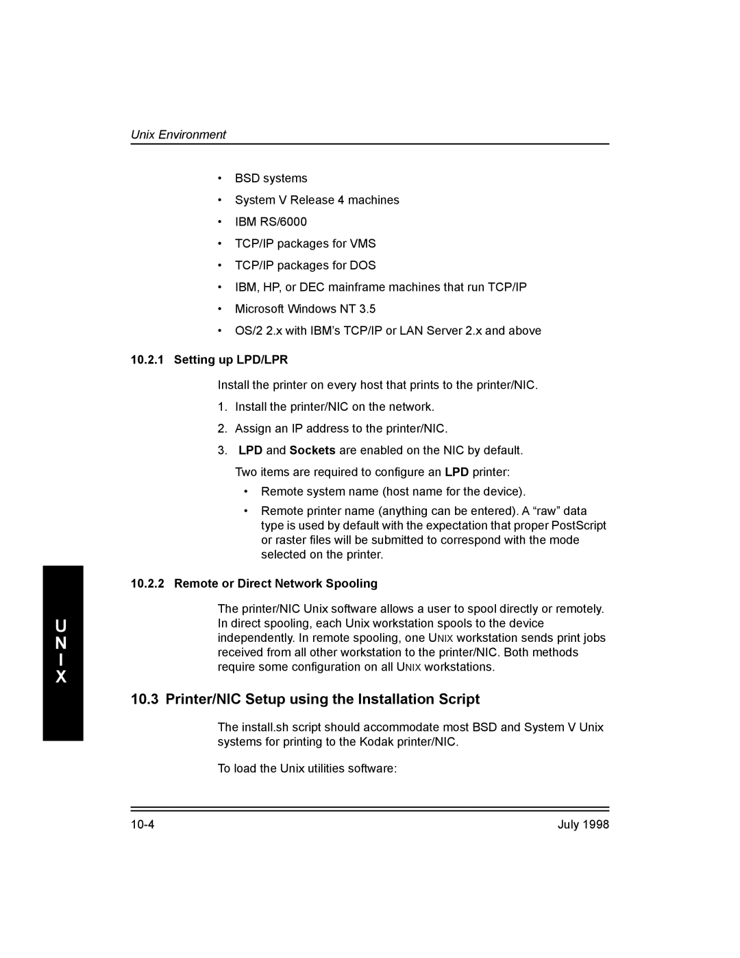 Kodak 3H0610 manual Printer/NIC Setup using the Installation Script, Setting up LPD/LPR, Remote or Direct Network Spooling 