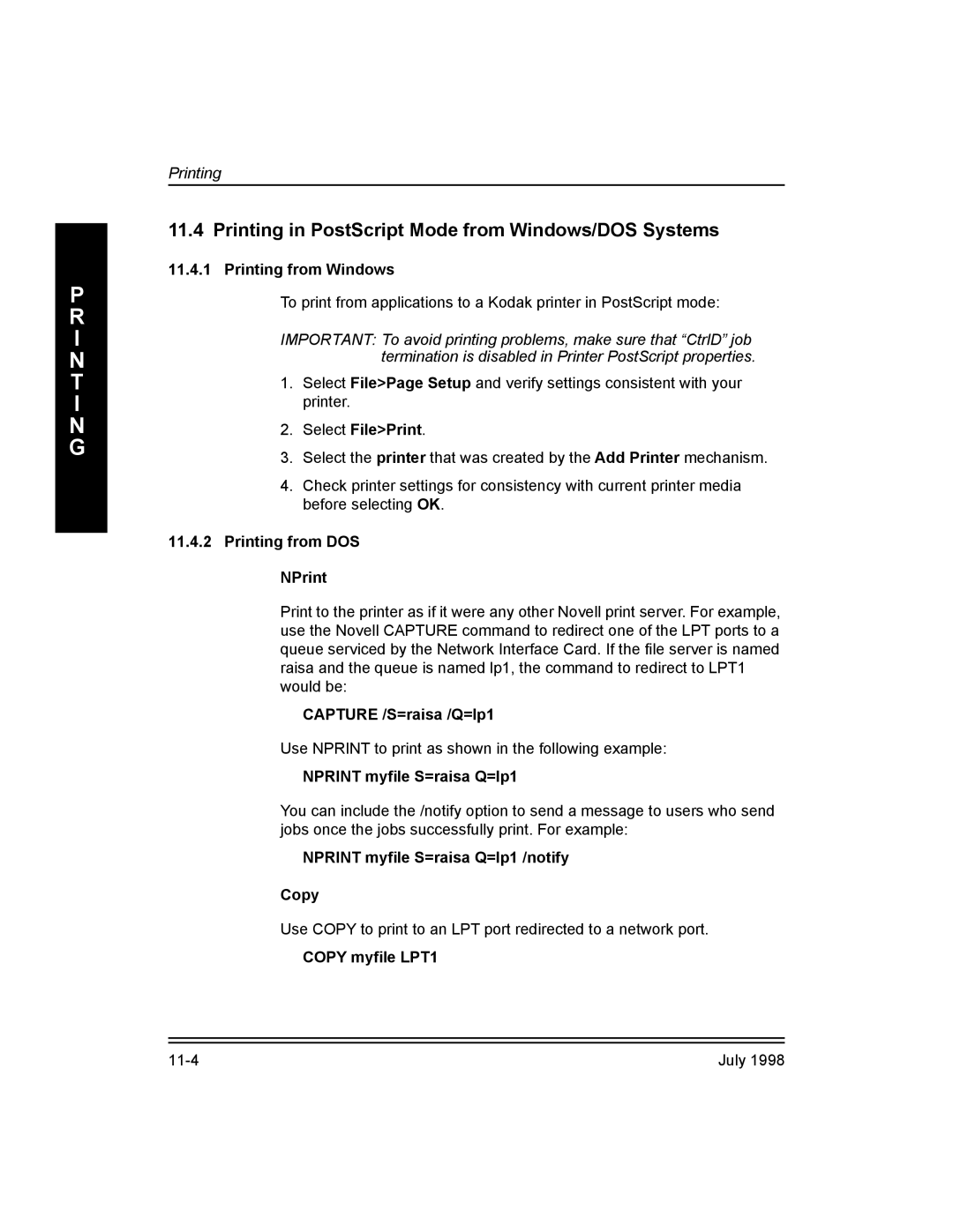 Kodak 3H0610, Kodak 10/100 Network Interface Card manual Printing in PostScript Mode from Windows/DOS Systems 