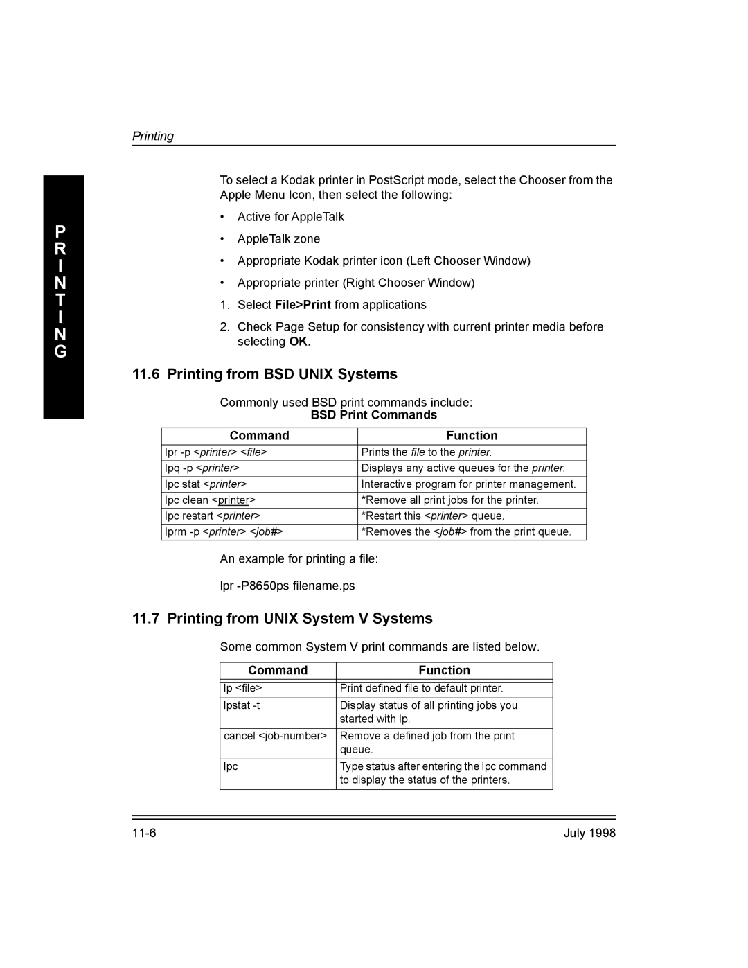 Kodak 3H0610 Printing from BSD Unix Systems, Printing from Unix System V Systems, BSD Print Commands, Command Function 