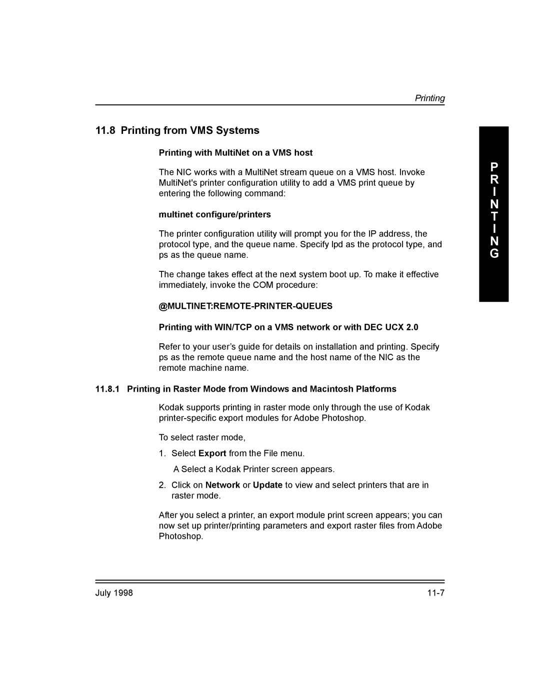 Kodak Kodak 10/100 Network Interface Card, 3H0610 manual Printing from VMS Systems, Printing with MultiNet on a VMS host 