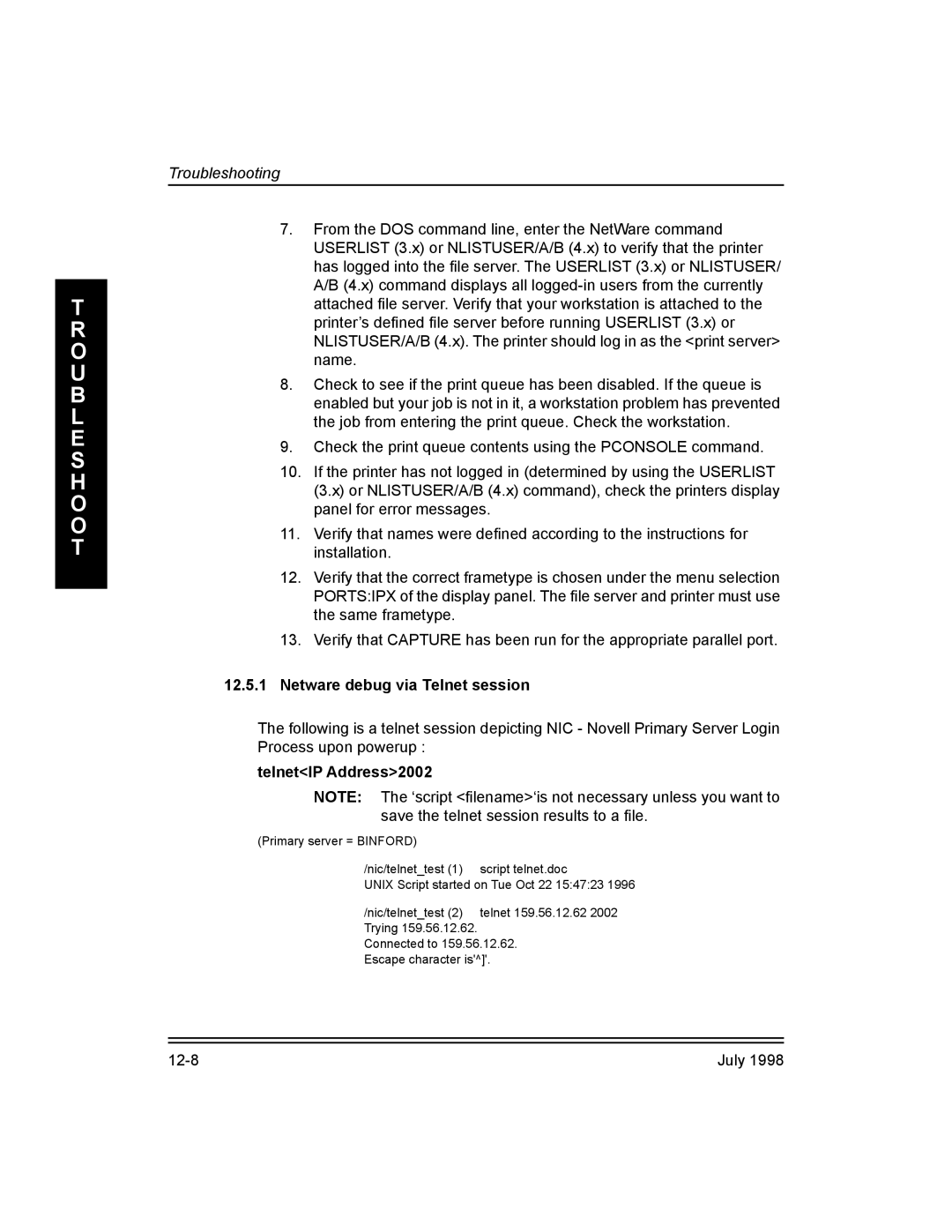 Kodak 3H0610, Kodak 10/100 Network Interface Card manual Netware debug via Telnet session, TelnetIP Address2002 