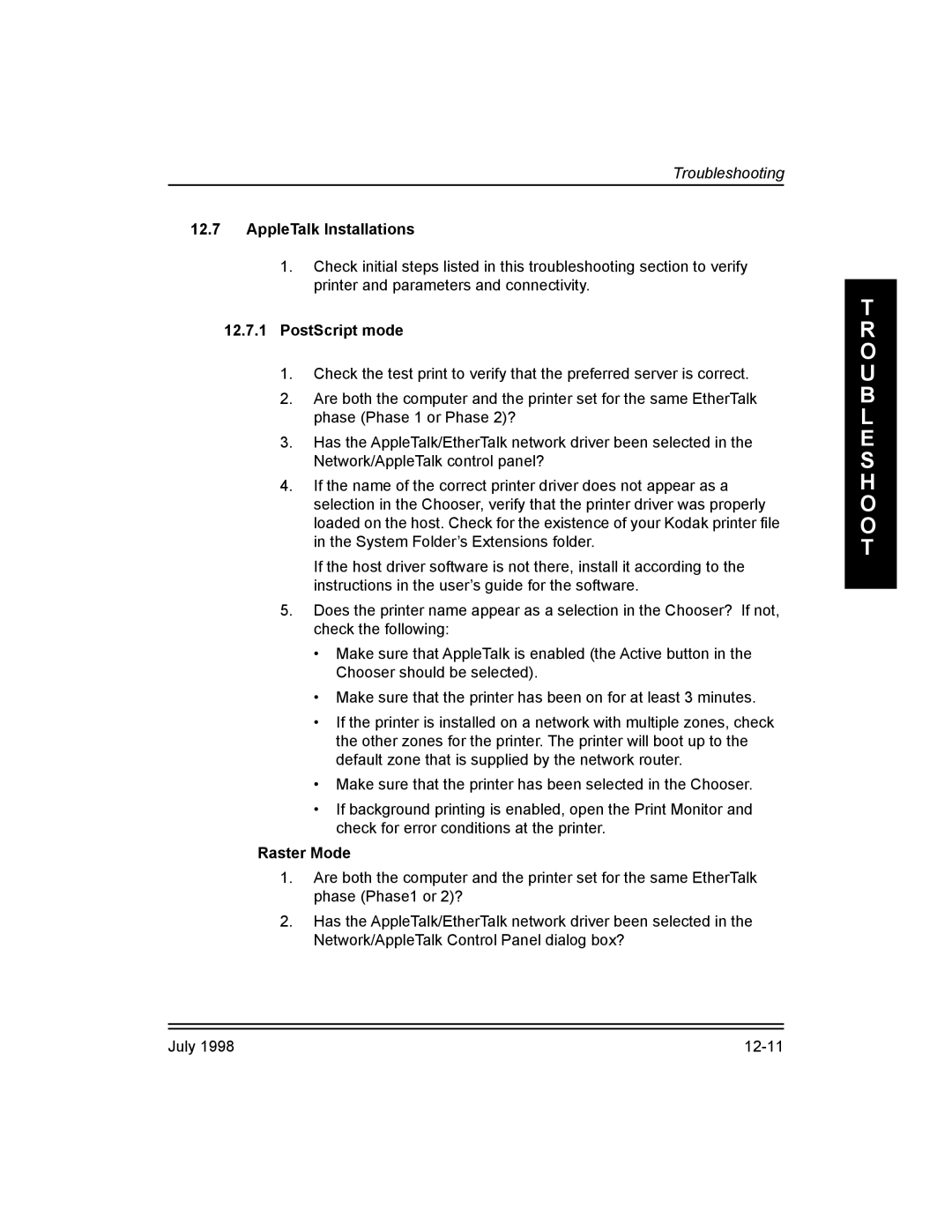 Kodak Kodak 10/100 Network Interface Card, 3H0610 manual AppleTalk Installations, PostScript mode, Raster Mode 