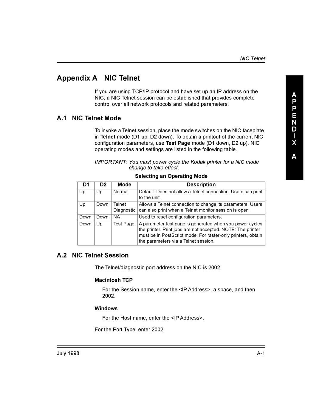 Kodak 3H0610, Kodak 10/100 Network Interface Card manual Appendix a NIC Telnet, NIC Telnet Mode, NIC Telnet Session 