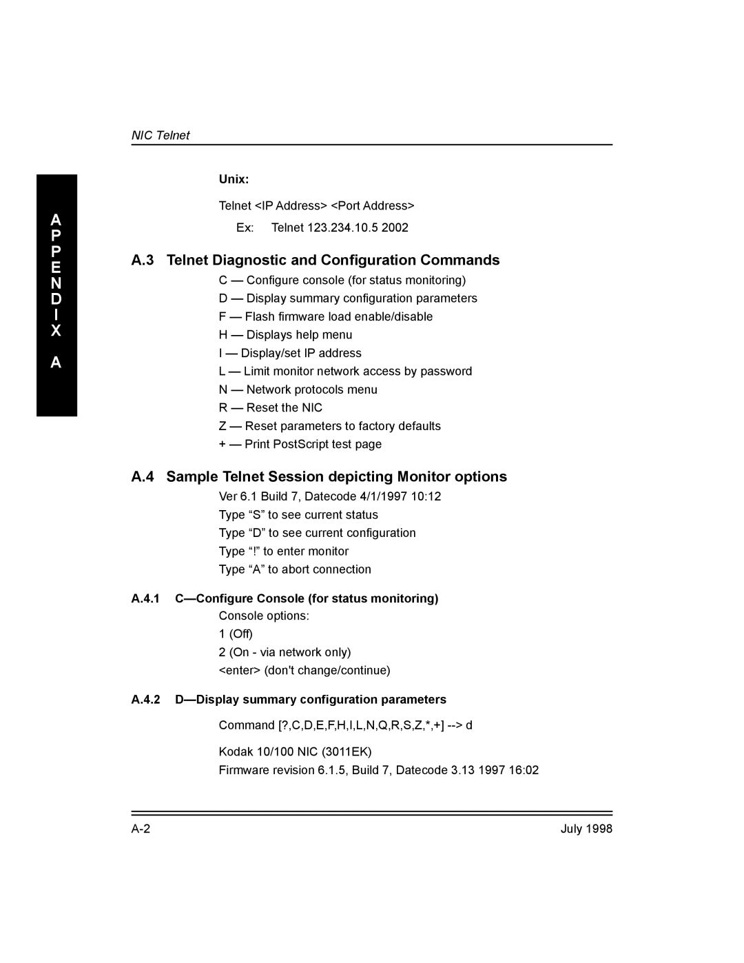 Kodak Kodak 10/100 Network Interface Card, 3H0610 manual Telnet Diagnostic and ConÞguration Commands 