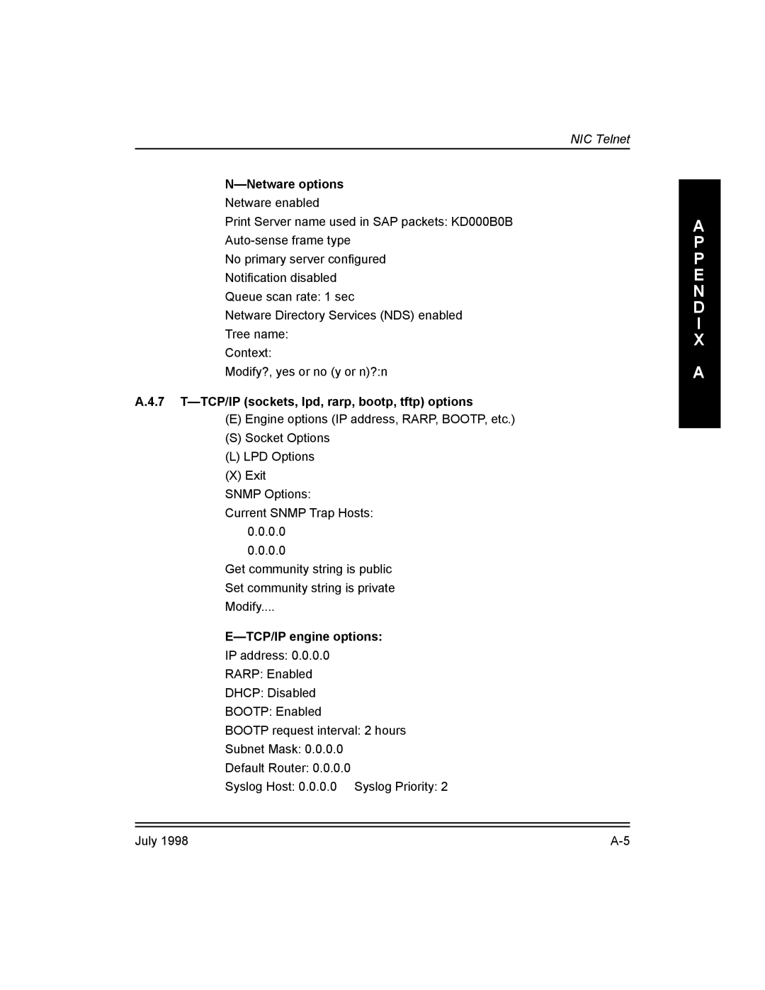 Kodak 3H0610 manual NÑNetware options, 7 TÑTCP/IP sockets, lpd, rarp, bootp, tftp options, EÑTCP/IP engine options 