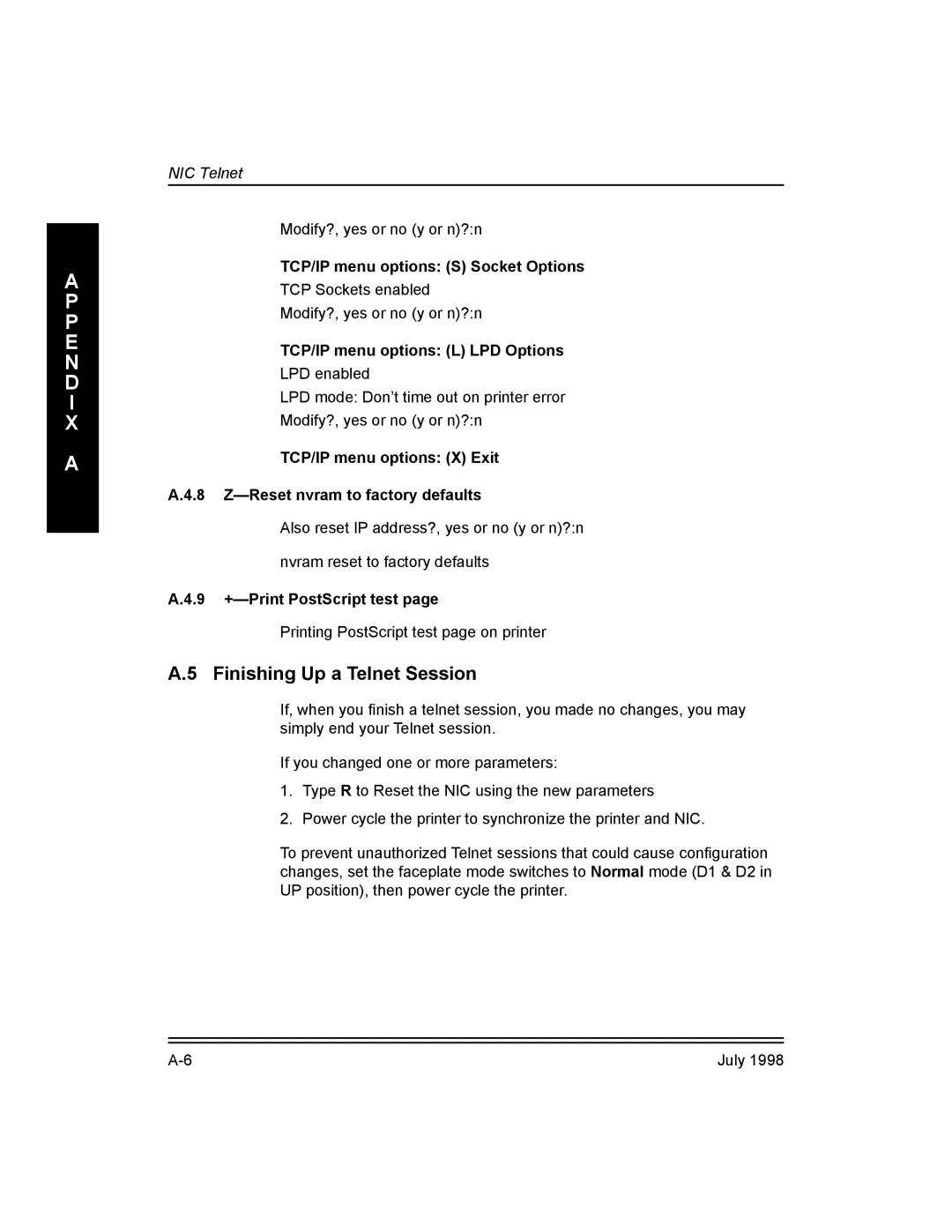 Kodak Kodak 10/100 Network Interface Card, 3H0610 manual Finishing Up a Telnet Session, TCP/IP menu options S Socket Options 