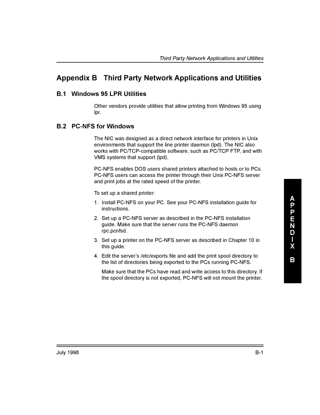 Kodak 3H0610 manual Appendix B Third Party Network Applications and Utilities, Windows 95 LPR Utilities, PC-NFS for Windows 