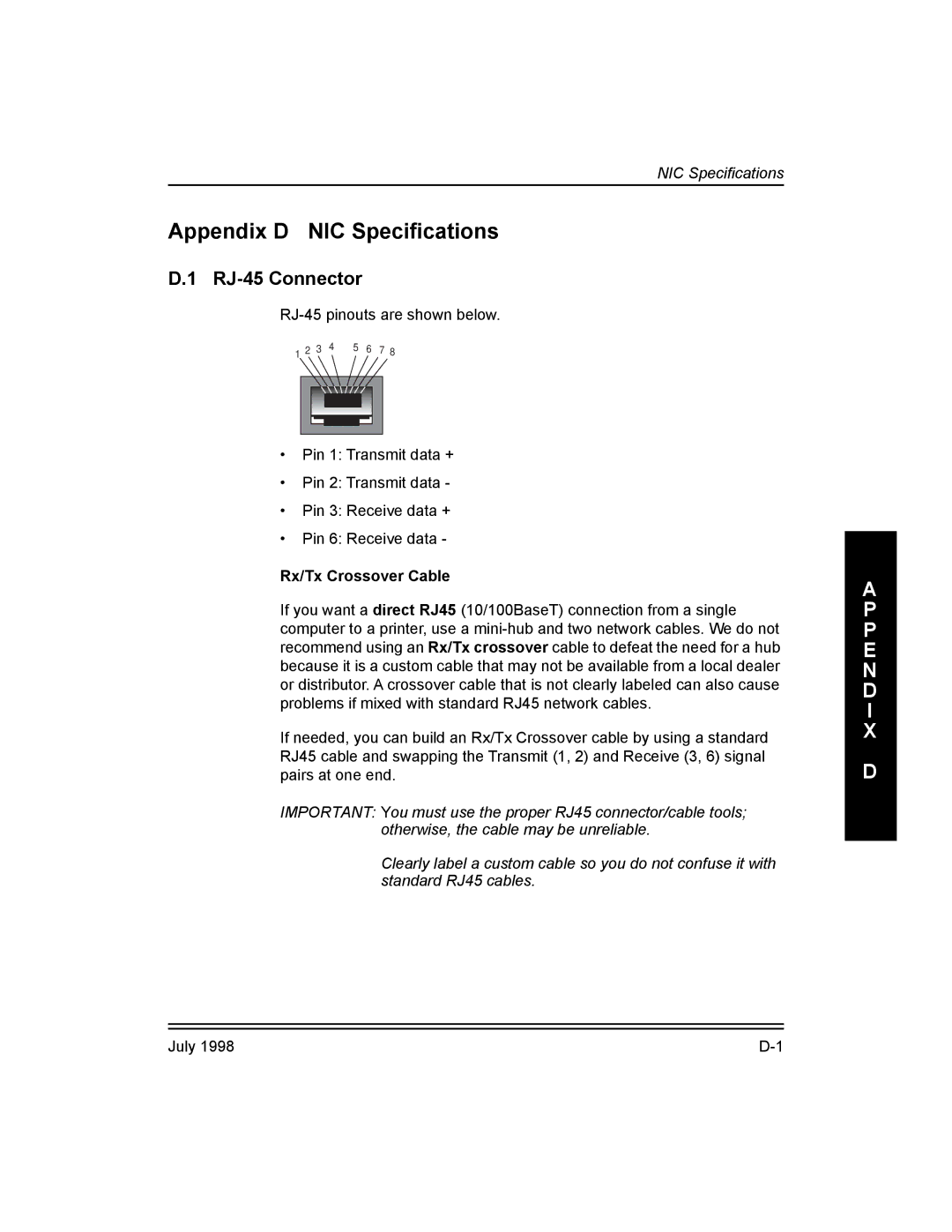 Kodak 3H0610, Kodak 10/100 Network Interface Card Appendix D NIC SpeciÞcations, RJ-45 Connector, Rx/Tx Crossover Cable 