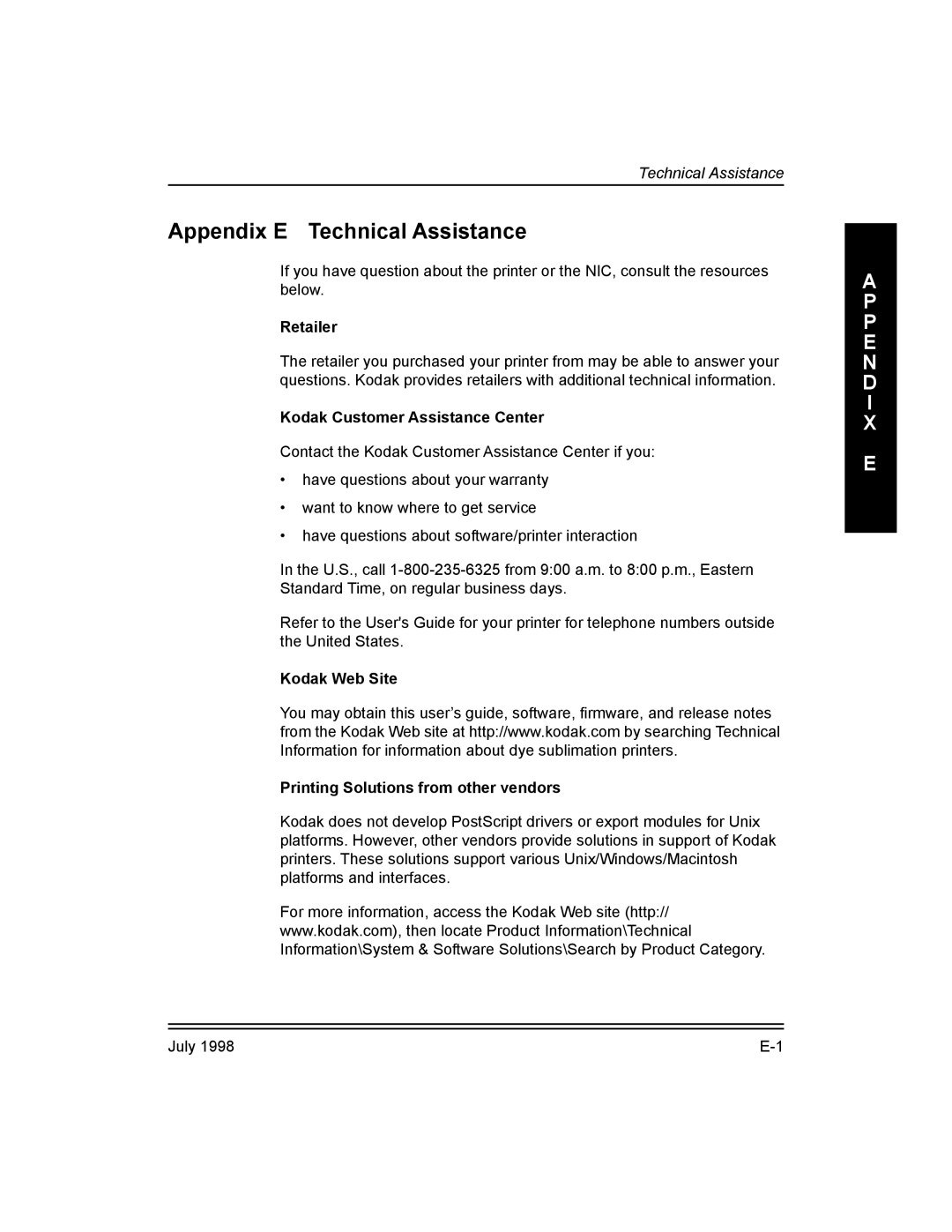 Kodak 3H0610 manual Appendix E Technical Assistance, Retailer, Kodak Customer Assistance Center 