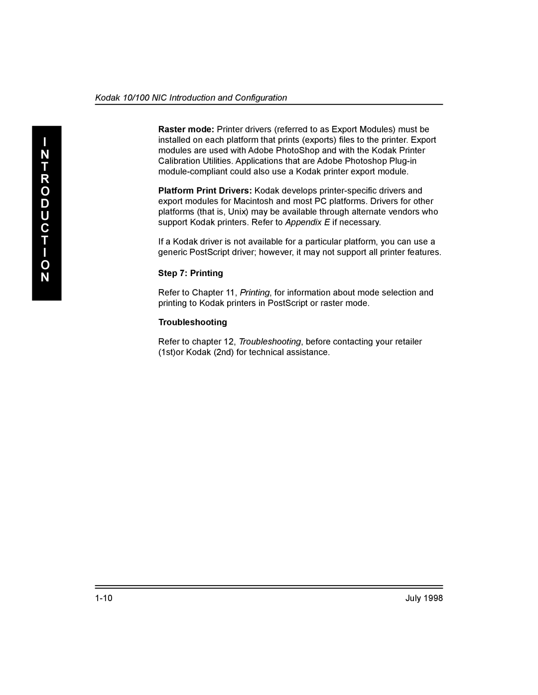 Kodak 3H0610, Kodak 10/100 Network Interface Card manual Printing, Troubleshooting 