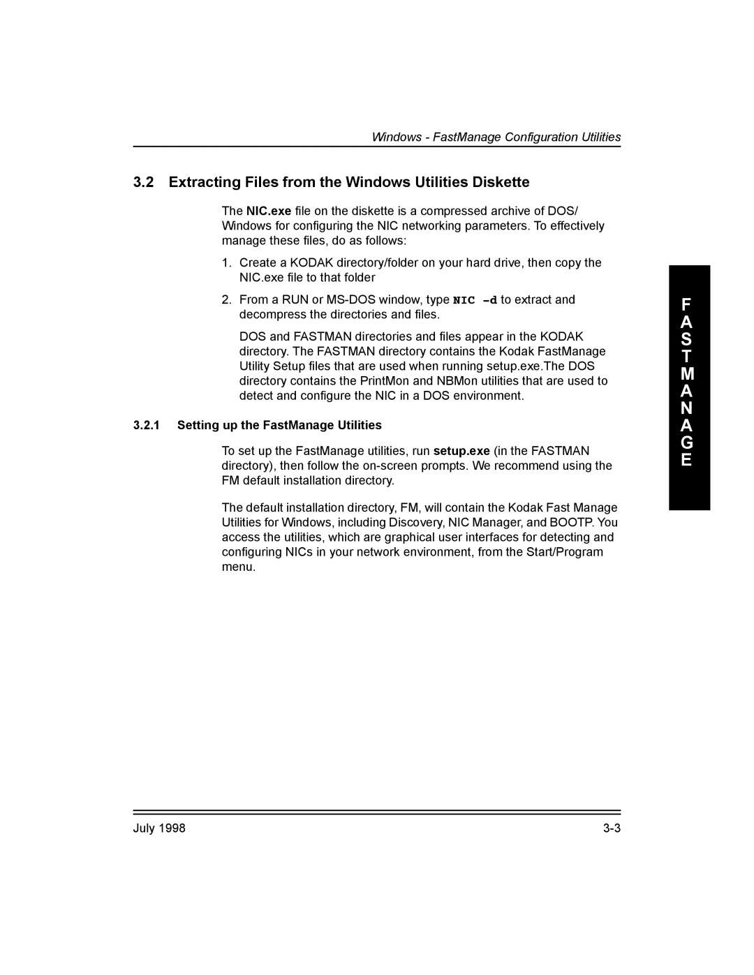 Kodak 3H0610 manual Extracting Files from the Windows Utilities Diskette, Setting up the FastManage Utilities 