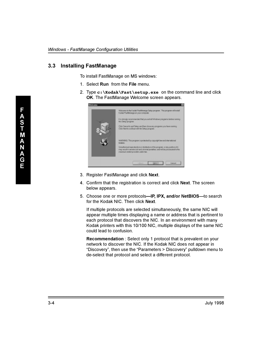 Kodak Kodak 10/100 Network Interface Card, 3H0610 manual Installing FastManage 