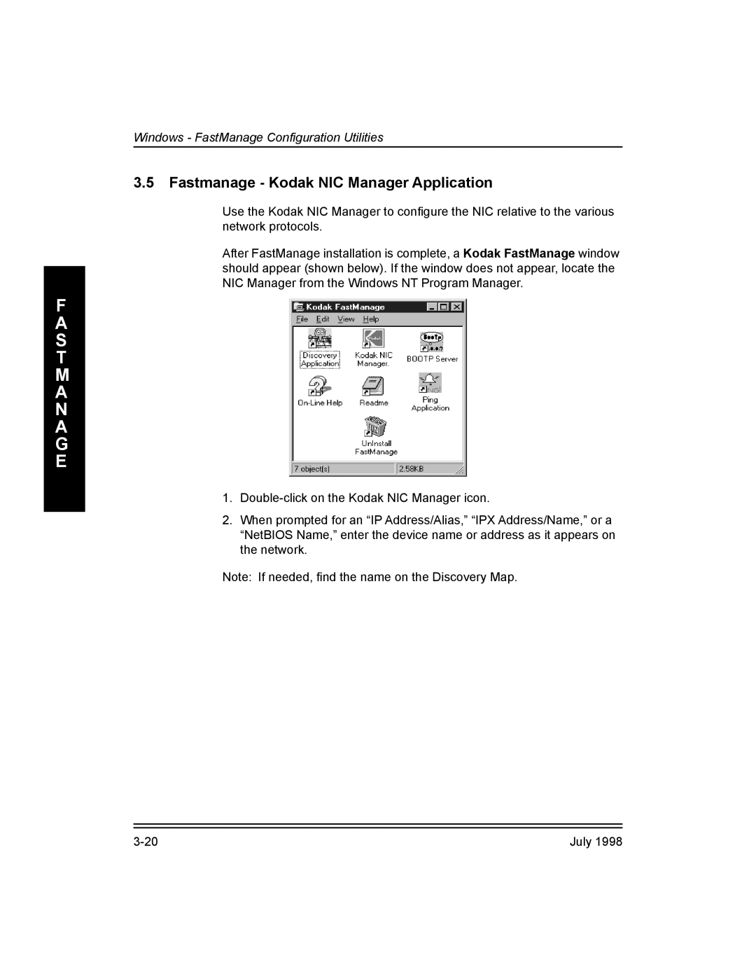 Kodak Kodak 10/100 Network Interface Card, 3H0610 manual Fastmanage Kodak NIC Manager Application 