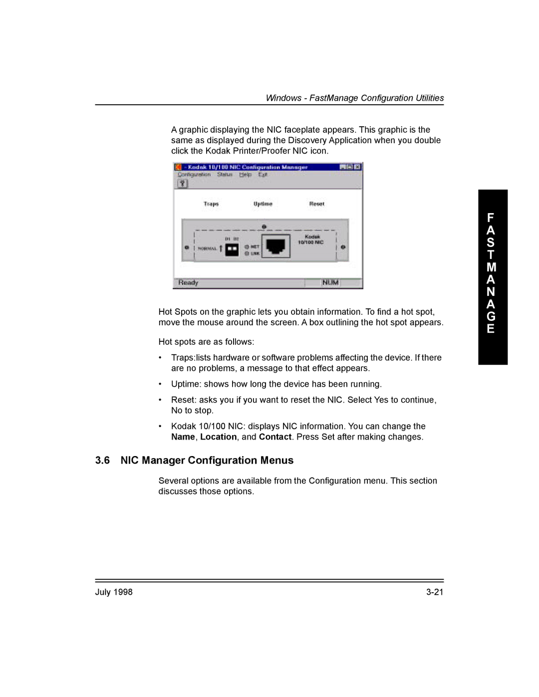 Kodak 3H0610, Kodak 10/100 Network Interface Card manual NIC Manager ConÞguration Menus 