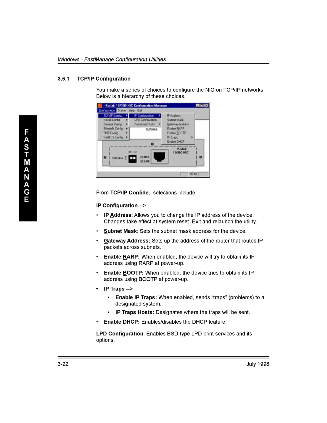 Kodak Kodak 10/100 Network Interface Card, 3H0610 manual 1 TCP/IP Configuration, IP ConÞguration, ¥ IP Traps 