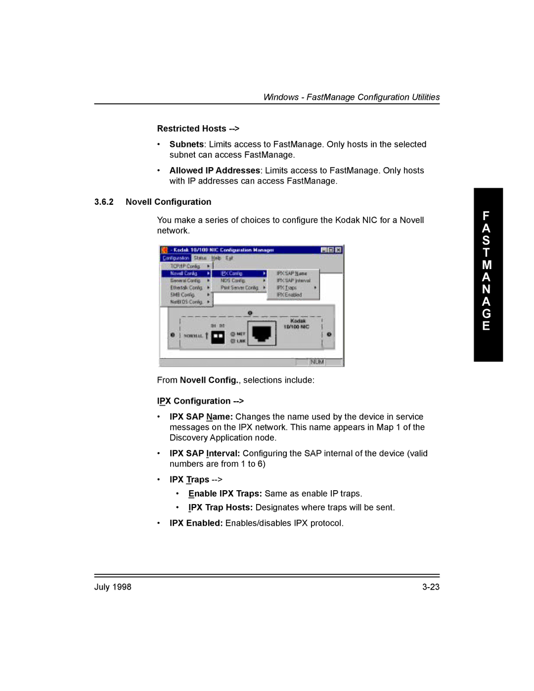 Kodak 3H0610, Kodak 10/100 Network Interface Card Restricted Hosts, Novell Configuration, IPX ConÞguration, ¥ IPX Traps 