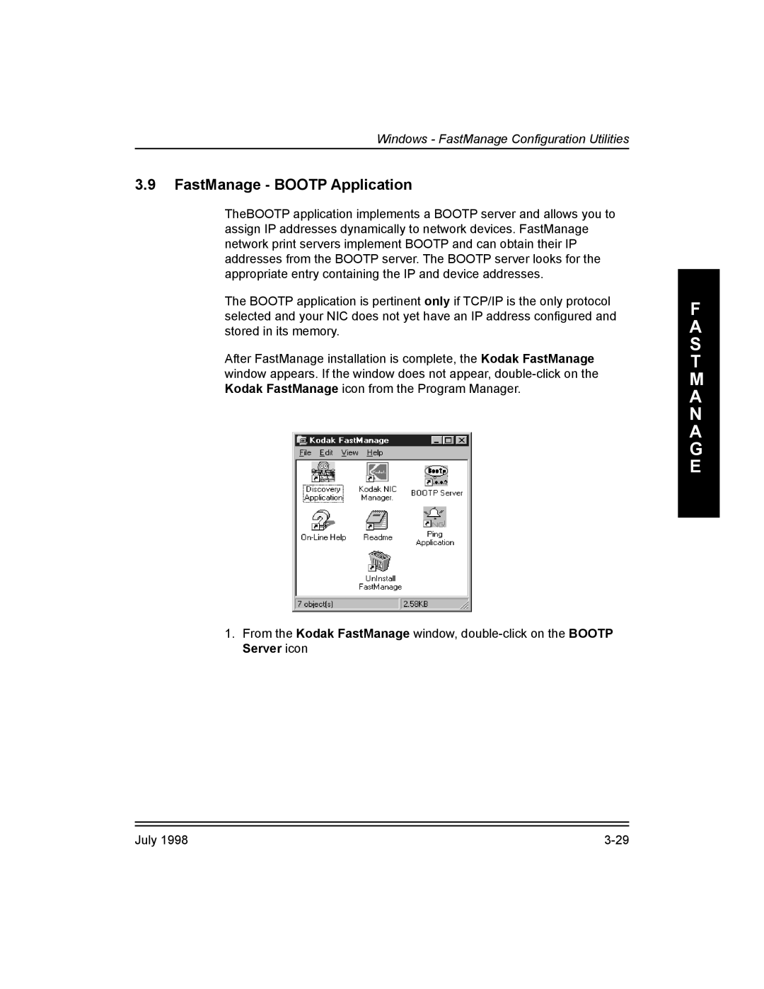 Kodak 3H0610, Kodak 10/100 Network Interface Card manual FastManage Bootp Application 