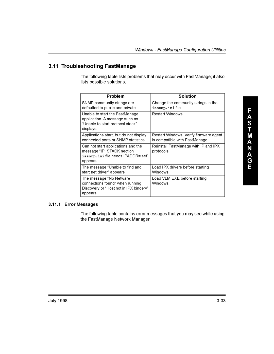 Kodak 3H0610, Kodak 10/100 Network Interface Card manual Troubleshooting FastManage, Problem Solution, Error Messages 