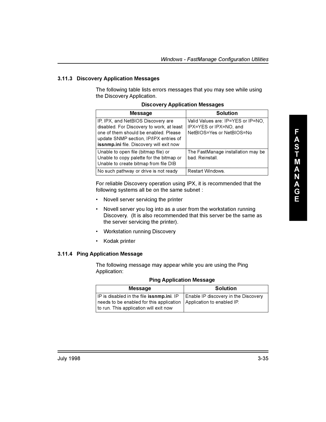 Kodak 3H0610 manual Discovery Application Messages Solution, Ping Application Message Solution 