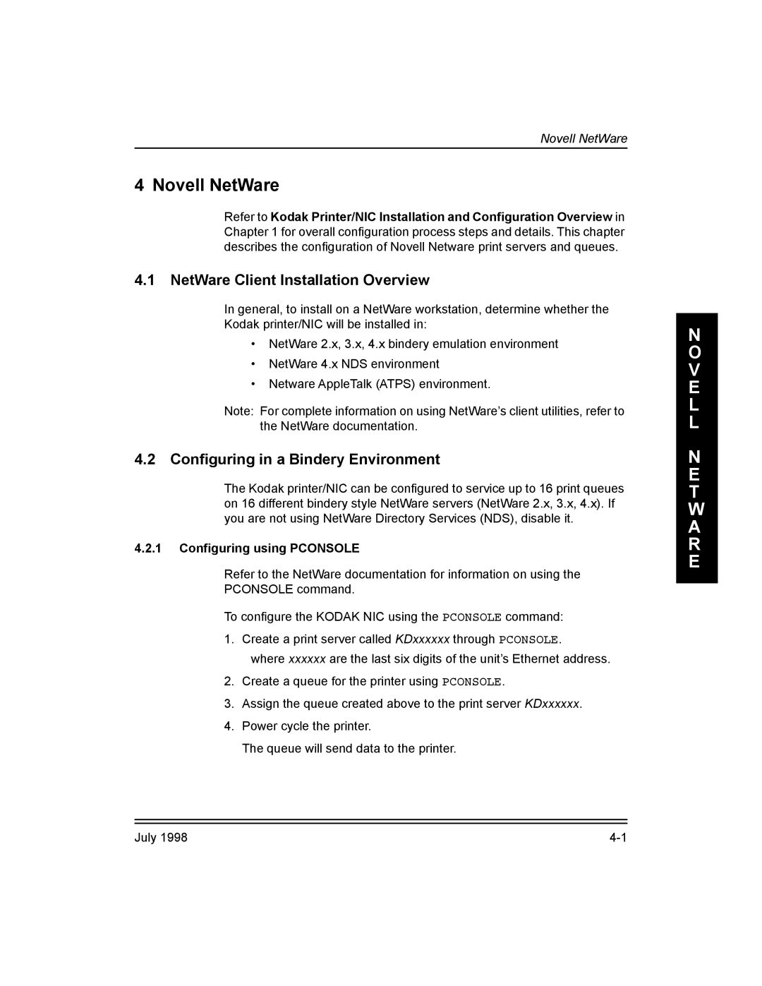 Kodak 3H0610 manual Novell NetWare, NetWare Client Installation Overview, ConÞguring in a Bindery Environment 