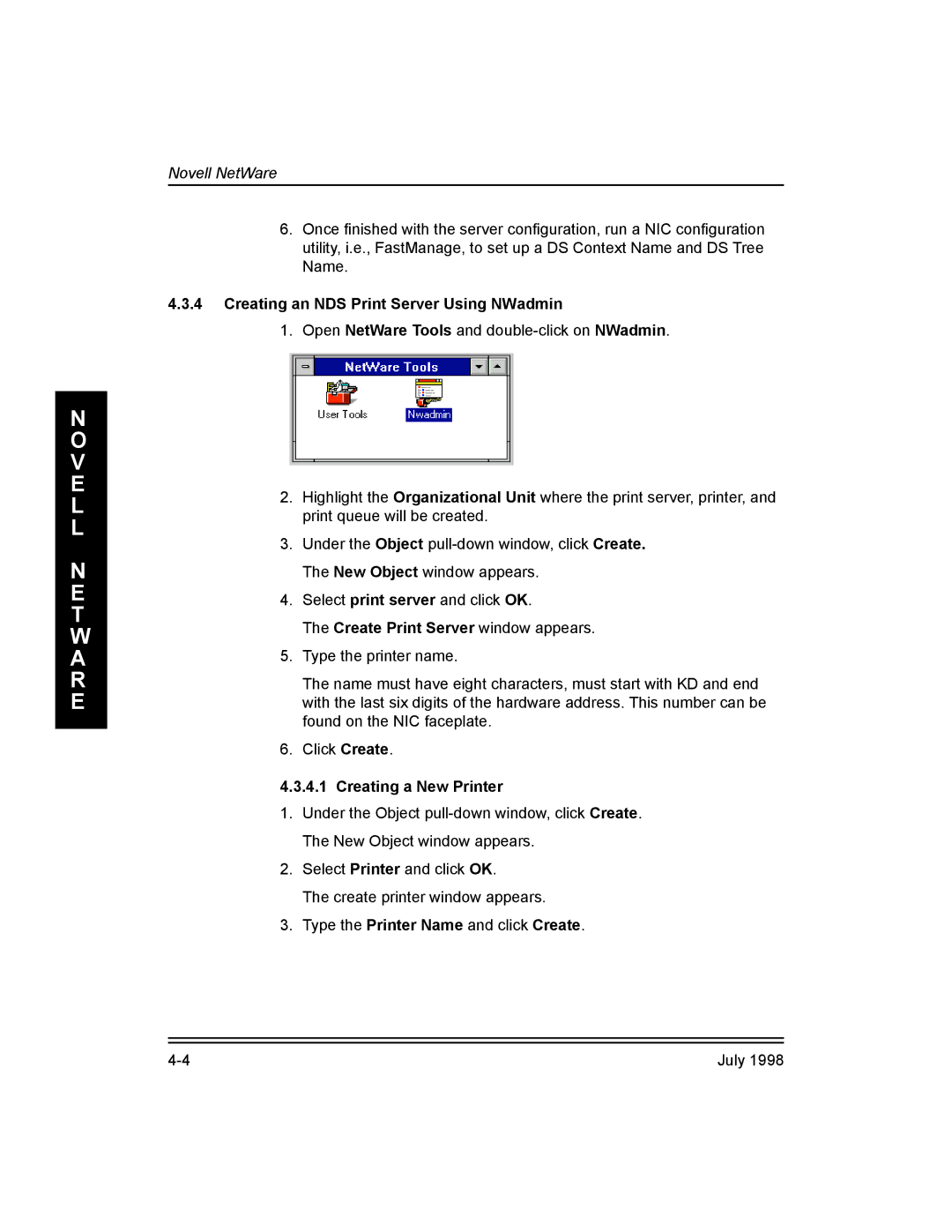 Kodak Kodak 10/100 Network Interface Card Creating an NDS Print Server Using NWadmin, Create Print Server window appears 