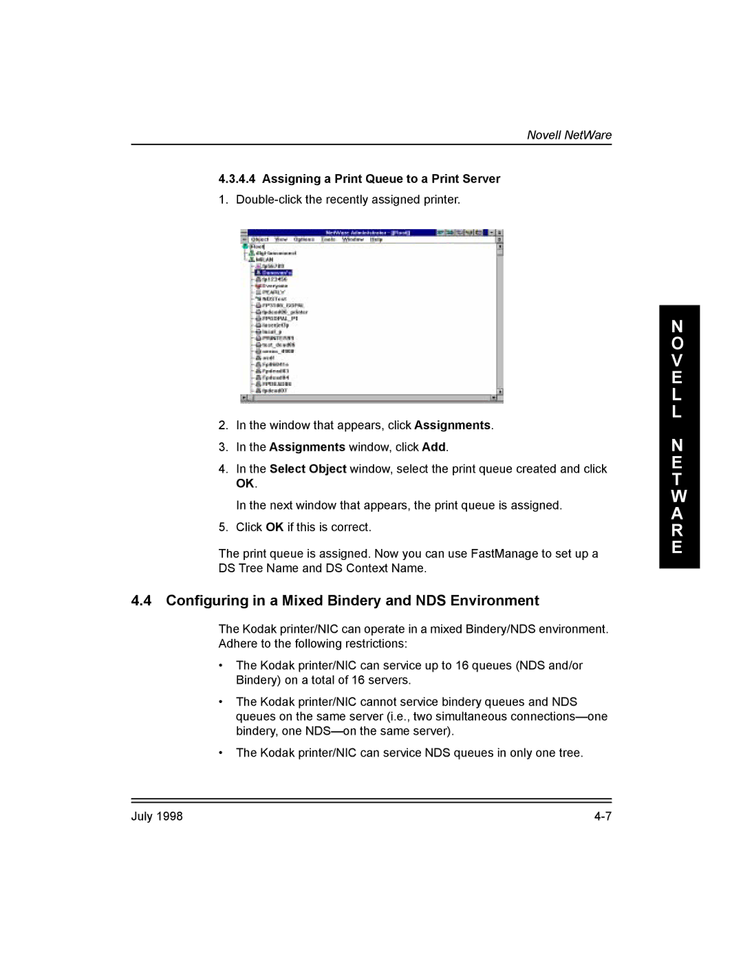 Kodak 3H0610 manual ConÞguring in a Mixed Bindery and NDS Environment, Assigning a Print Queue to a Print Server 