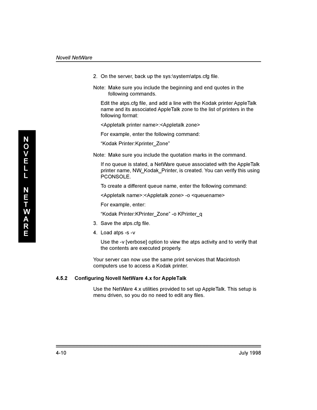 Kodak Kodak 10/100 Network Interface Card, 3H0610 manual Pconsole, Configuring Novell NetWare 4.x for AppleTalk 