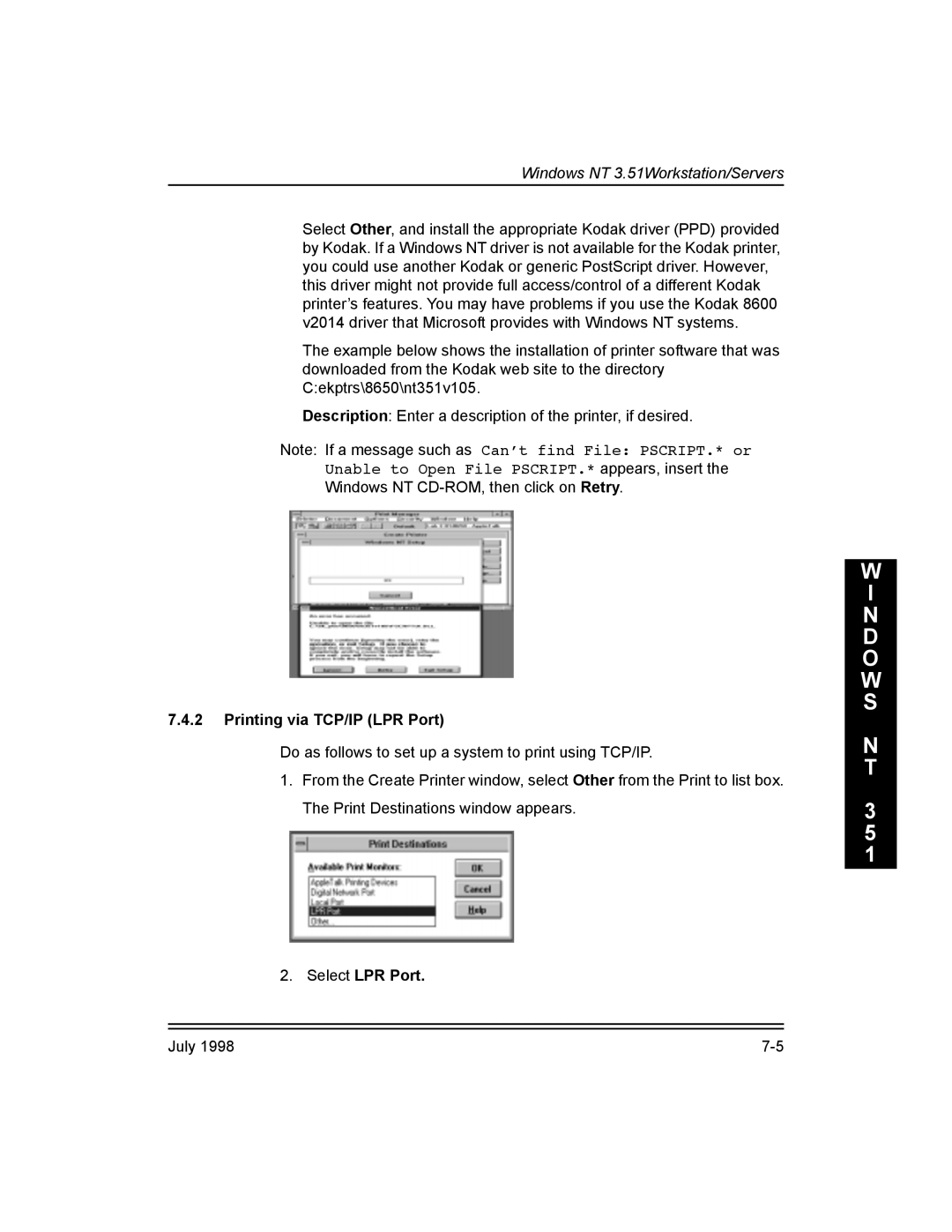 Kodak Kodak 10/100 Network Interface Card, 3H0610 manual Printing via TCP/IP LPR Port, Select LPR Port 