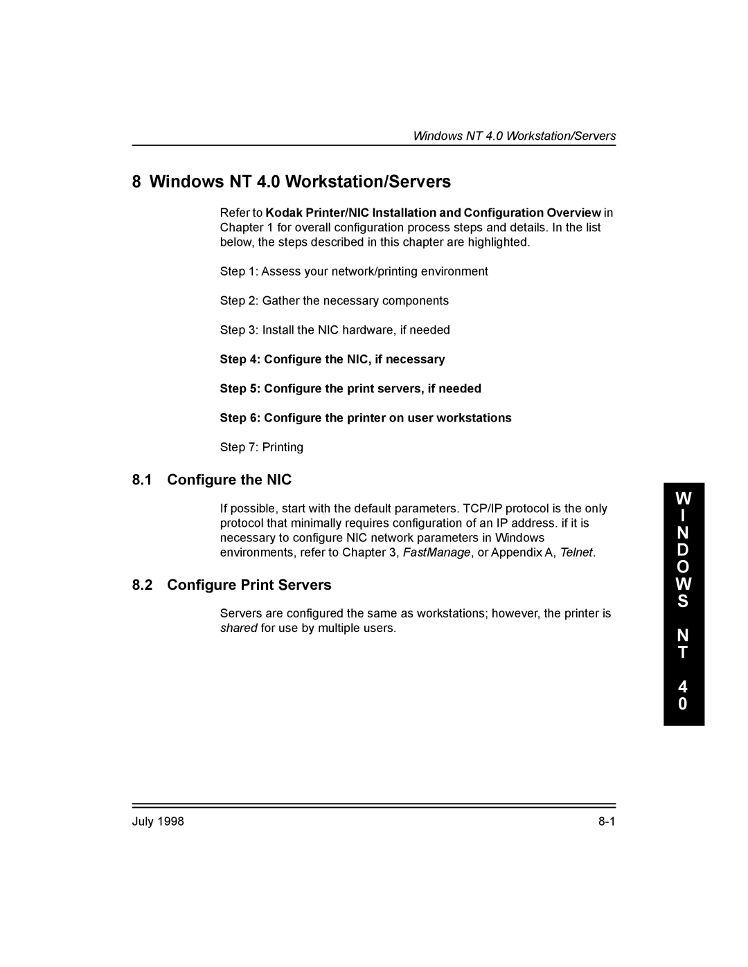 Kodak 3H0610, Kodak 10/100 Network Interface Card manual Windows NT 4.0 Workstation/Servers, ConÞgure Print Servers 