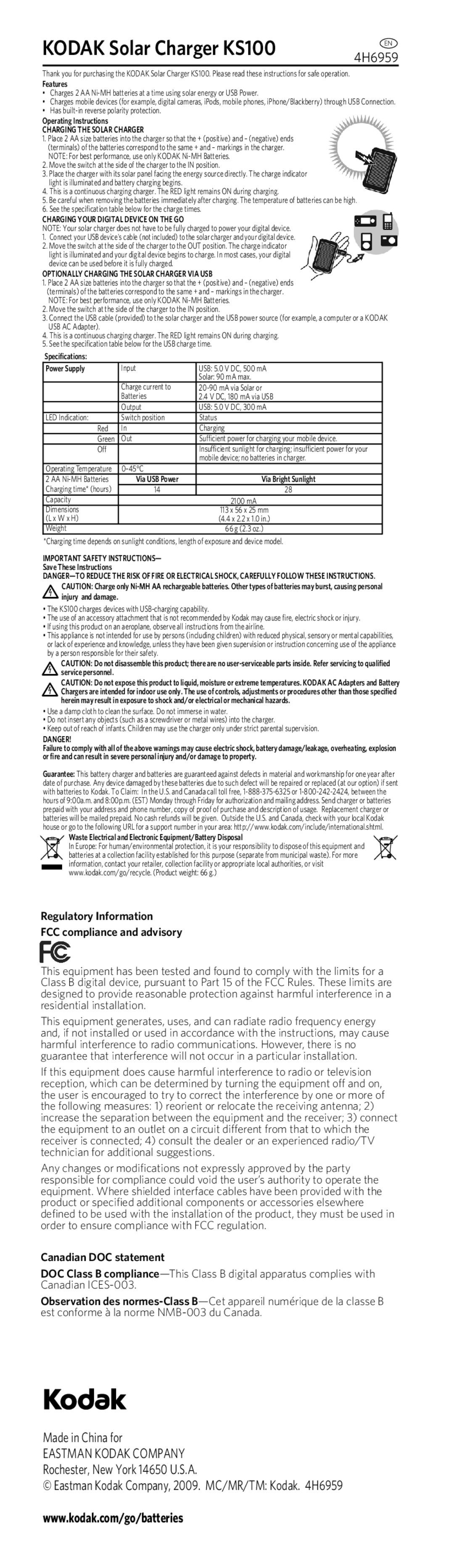 Kodak KS100 operating instructions Charging the Solar Charger, Charging Your Digital Device on the GO 