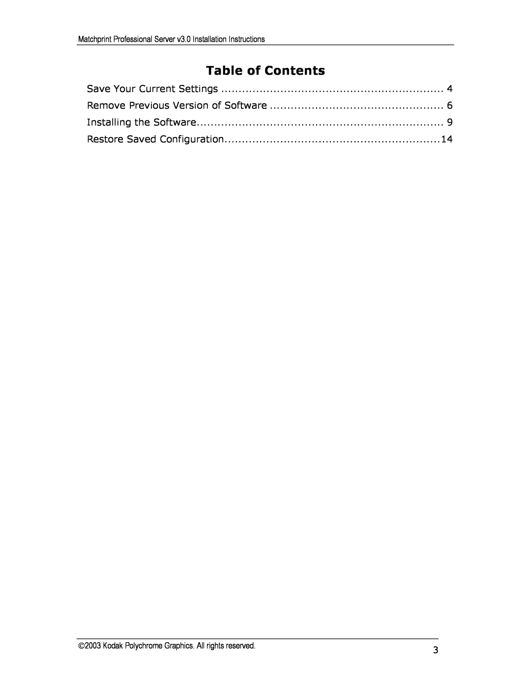 Kodak KY0730482 Table of Contents, Save Your Current Settings, Remove Previous Version of Software 
