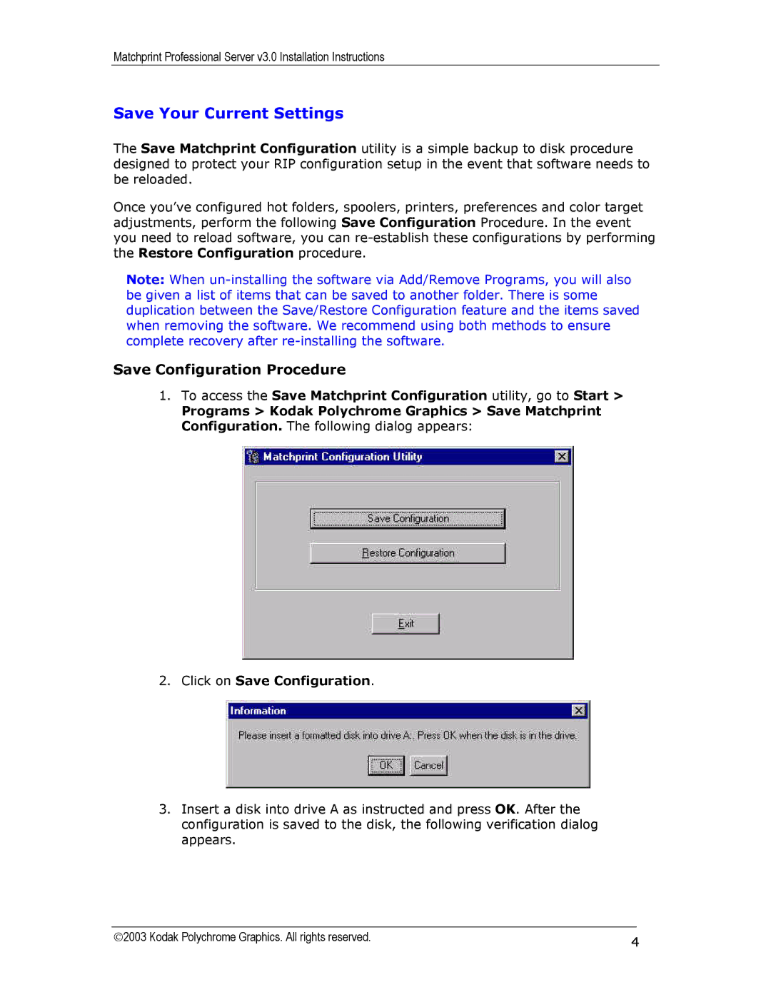 Kodak KY0730482 installation instructions Save Your Current Settings, Save Configuration Procedure 