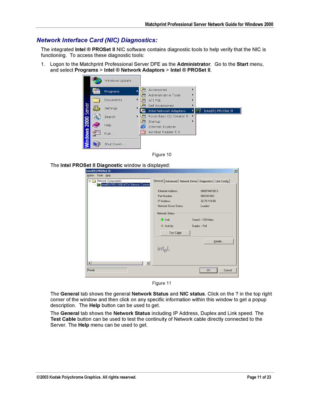 Kodak KY0730483 manual Network Interface Card NIC Diagnostics, Intel PROSet II Diagnostic window is displayed 