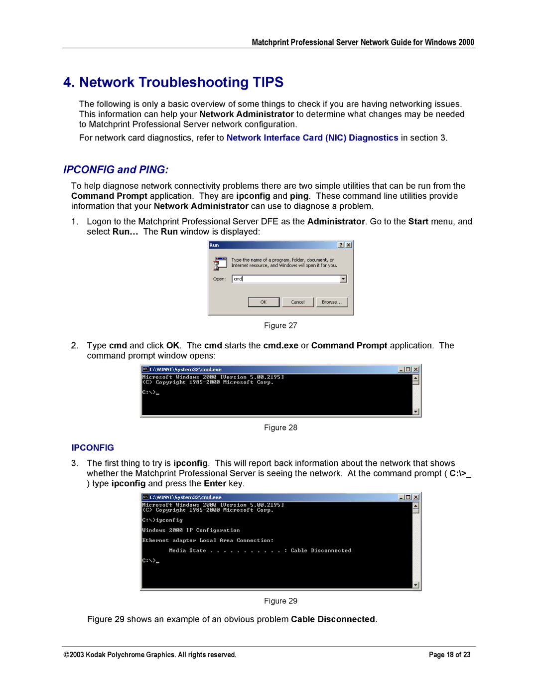 Kodak KY0730483 manual Network Troubleshooting Tips, Ipconfig and Ping 