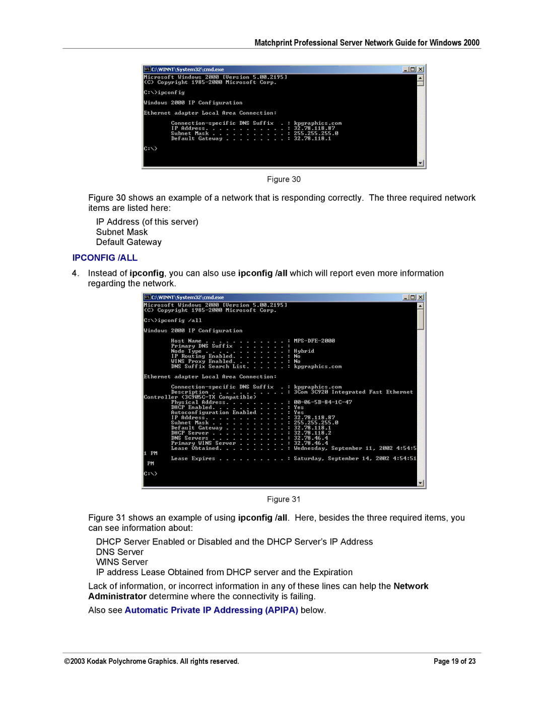 Kodak KY0730483 manual Ipconfig /ALL 