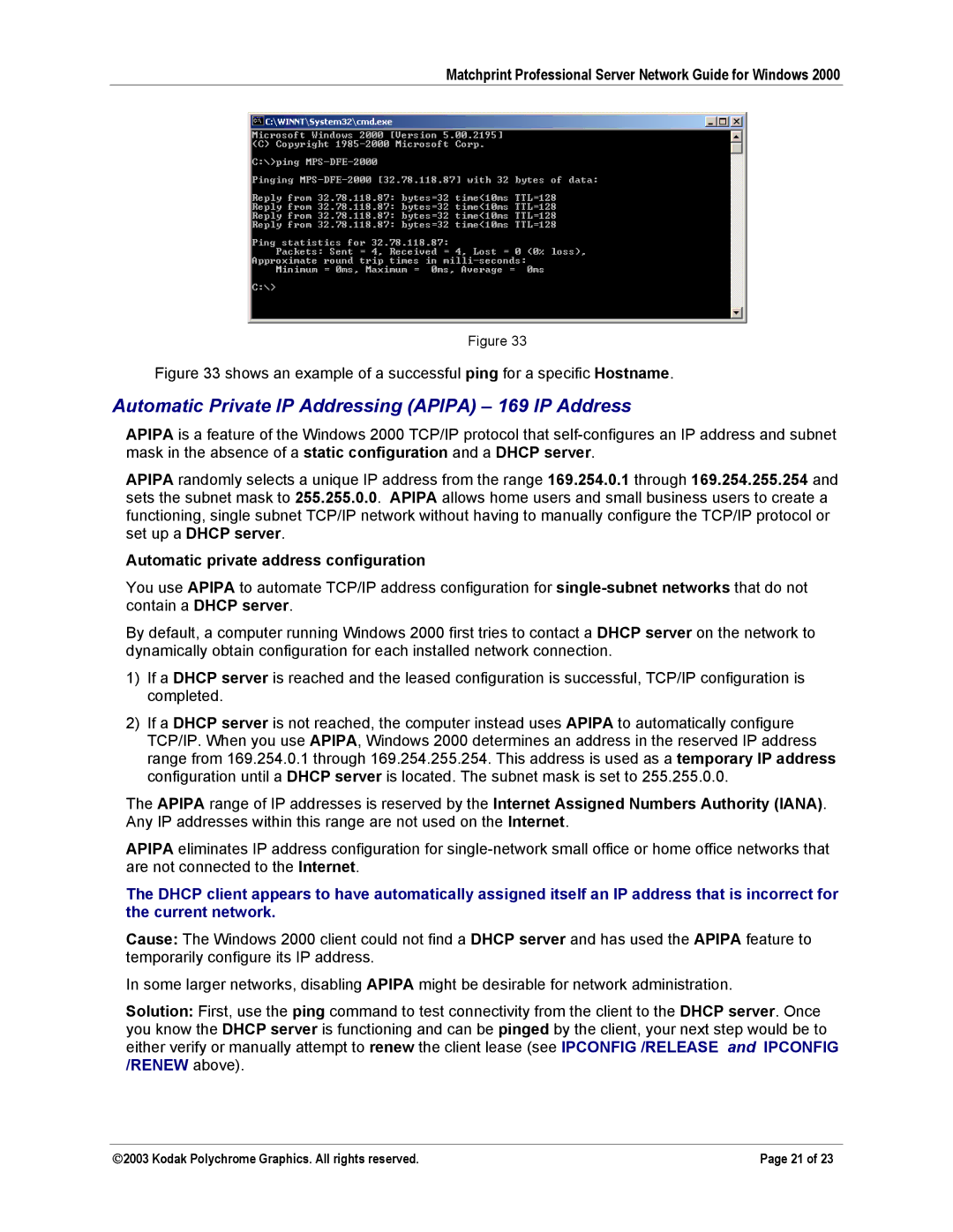 Kodak KY0730483 manual Automatic Private IP Addressing Apipa 169 IP Address, Automatic private address configuration 