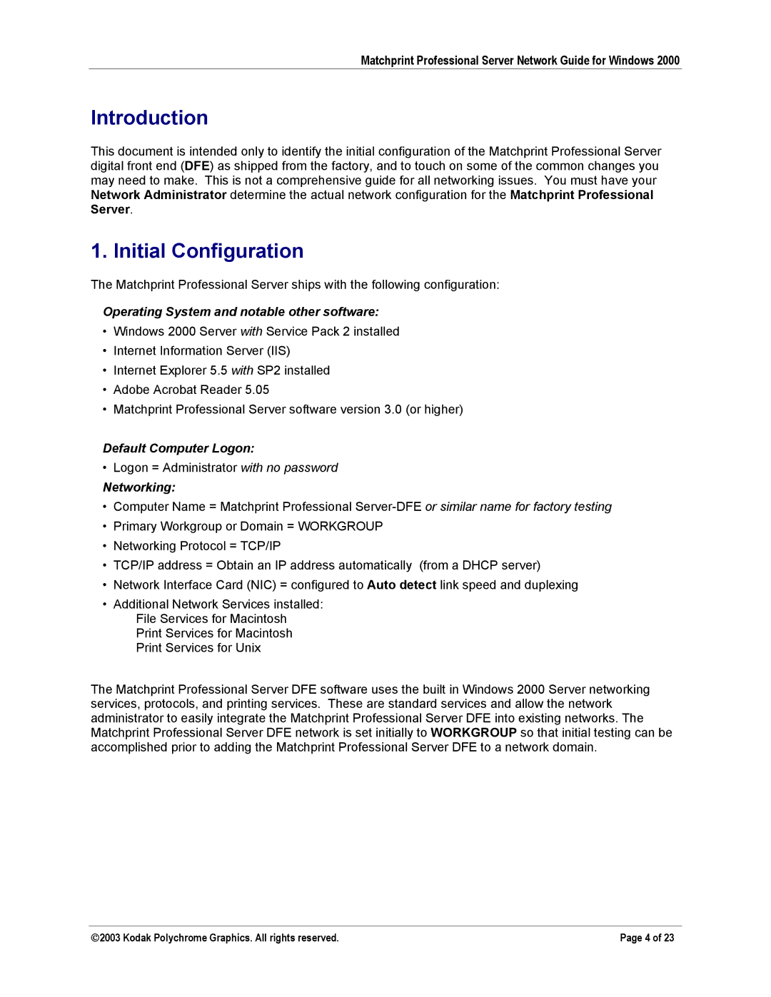 Kodak KY0730483 manual Introduction, Initial Configuration 